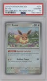 Eevee from the 2025 Pokemon SV set featuring a Master Ball parallel graded by PSA and given an overall grade of 10.