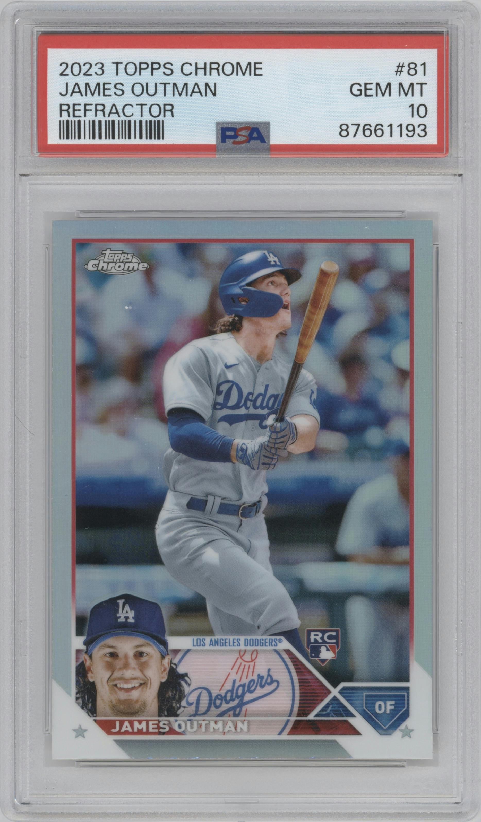James Outman from the 2023 Topps Chrome set featuring a Refractor parallel graded by PSA and given an overall grade of 10.