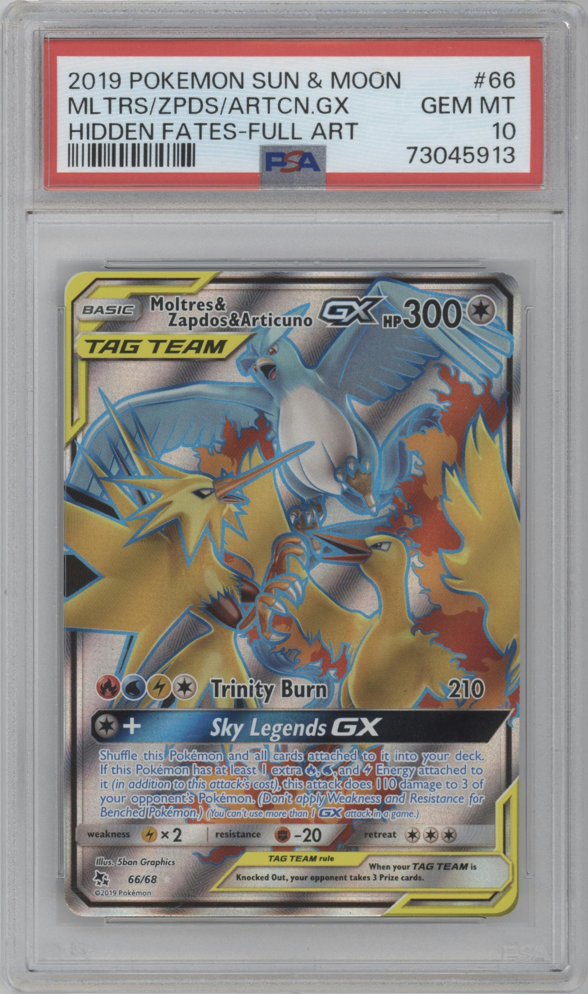 Moltres/Zapdos/Articuno GX from the 2019 Pokemon S&M  set graded by PSA and given an overall grade of 10.