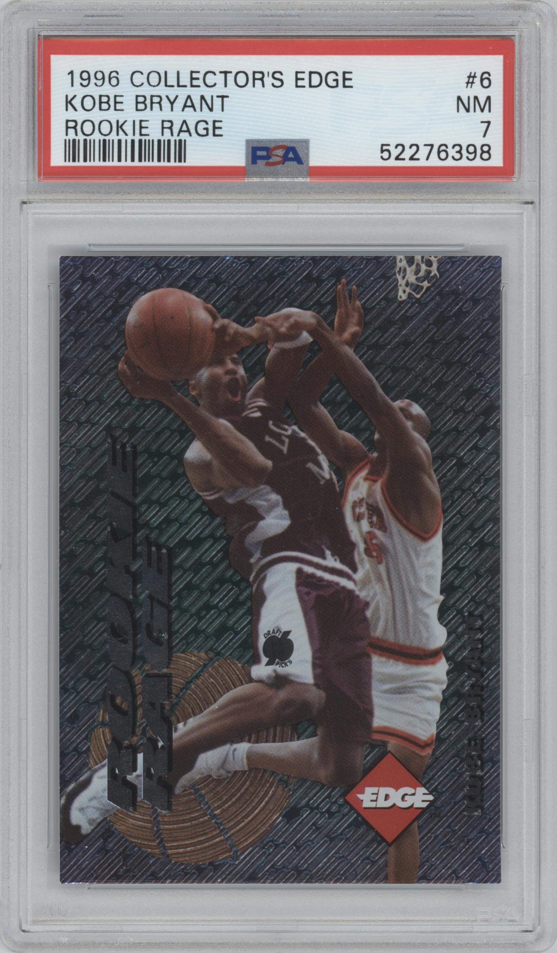 Kobe Bryant from the 1996 Collector's Edge Rookie Rage set graded by PSA and given an overall grade of 7.