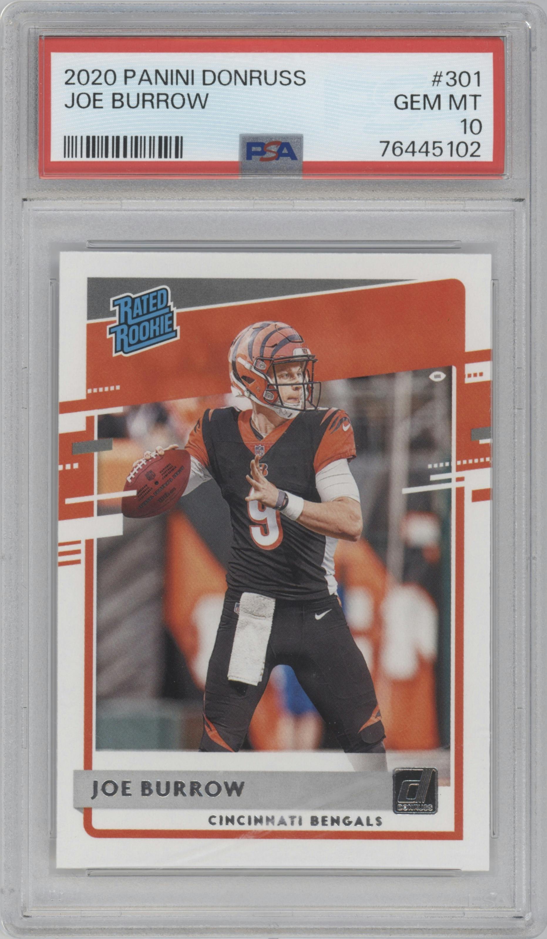 Joe Burrow from the 2020 Panini Donruss set graded by PSA and given an overall grade of 10.