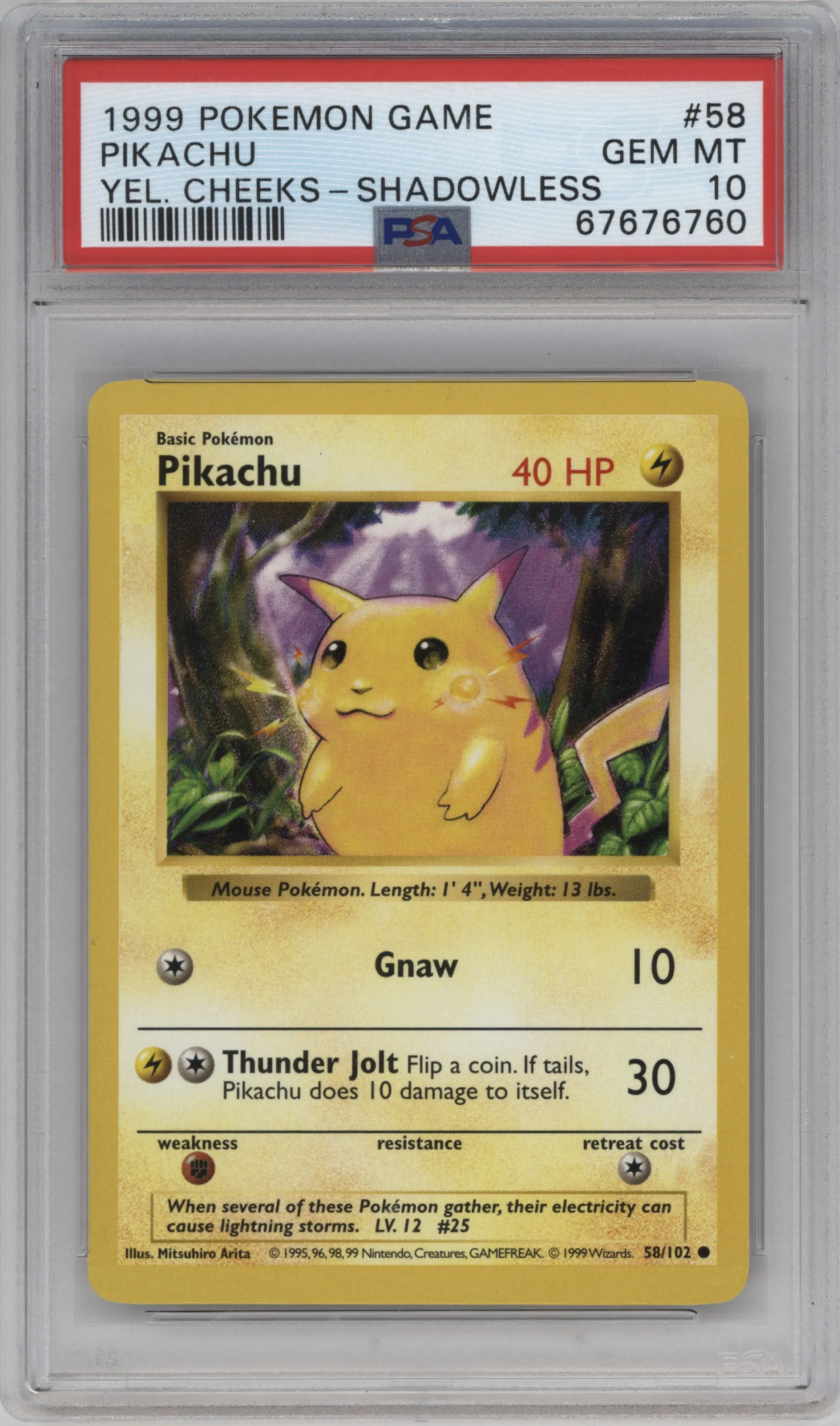 Pikachu from the 1999 Pokemon set featuring a Yellow Cheeks parallel graded by PSA and given an overall grade of 10.
