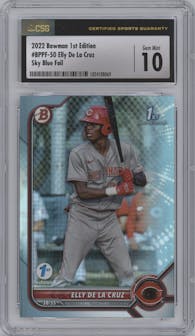 Elly De La Cruz from the 2022 Bowman 1st Edition set featuring a Sky Blue Foil parallel graded by CSG and given an overall grade of 10.