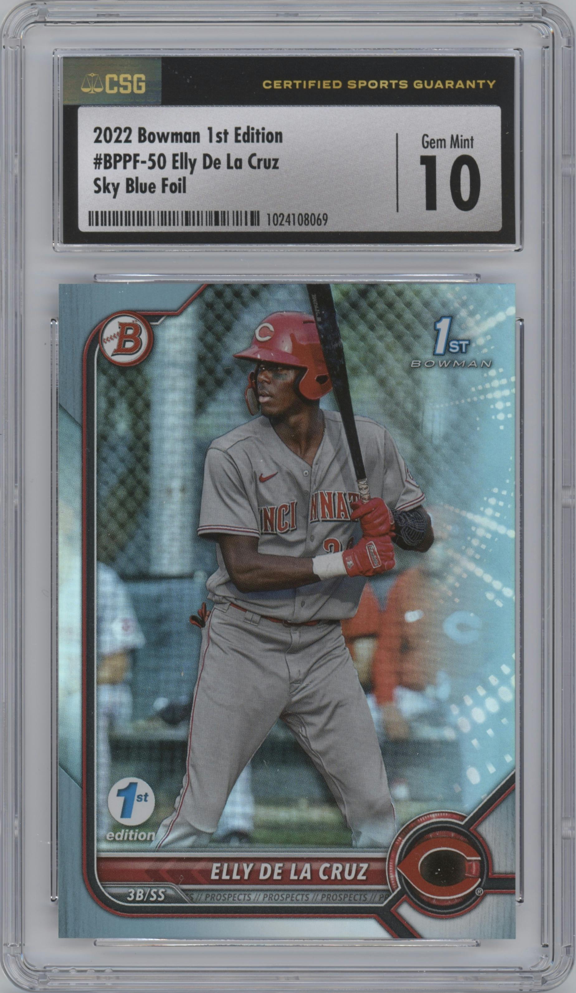 Elly De La Cruz from the 2022 Bowman 1st Edition set featuring a Sky Blue Foil parallel graded by CSG and given an overall grade of 10.