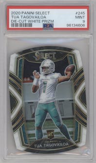 Tua Tagovailoa from the 2020 Panini Select set featuring a Die-Cut White parallel graded by PSA and given an overall grade of 9.