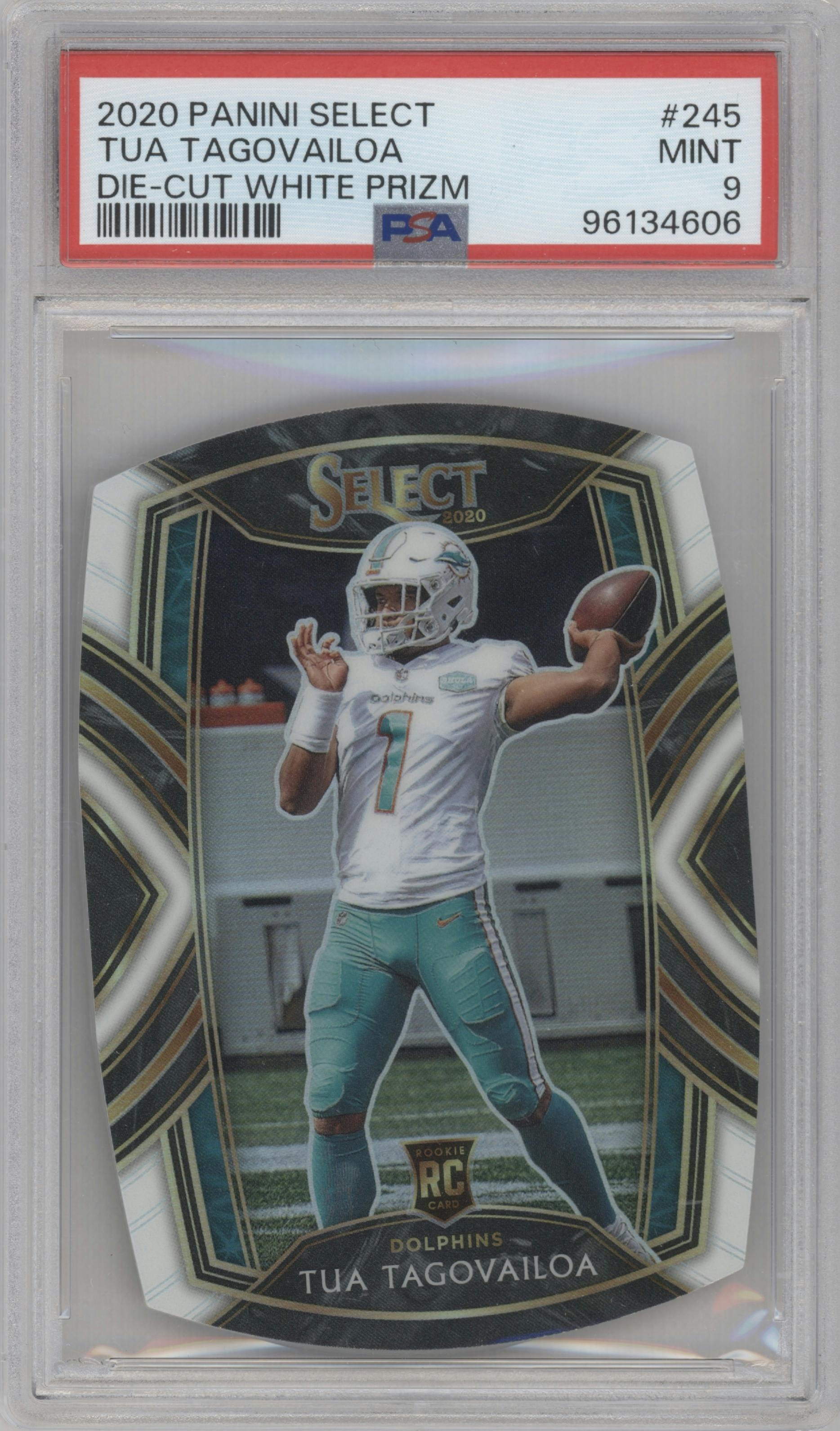 Tua Tagovailoa from the 2020 Panini Select set featuring a Die-Cut White parallel graded by PSA and given an overall grade of 9.