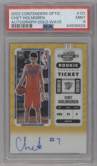 Chet Holmgren from the 2022-23 Panini Contenders Optic set featuring a Gold Wave parallel graded by PSA and given an overall grade of 9.