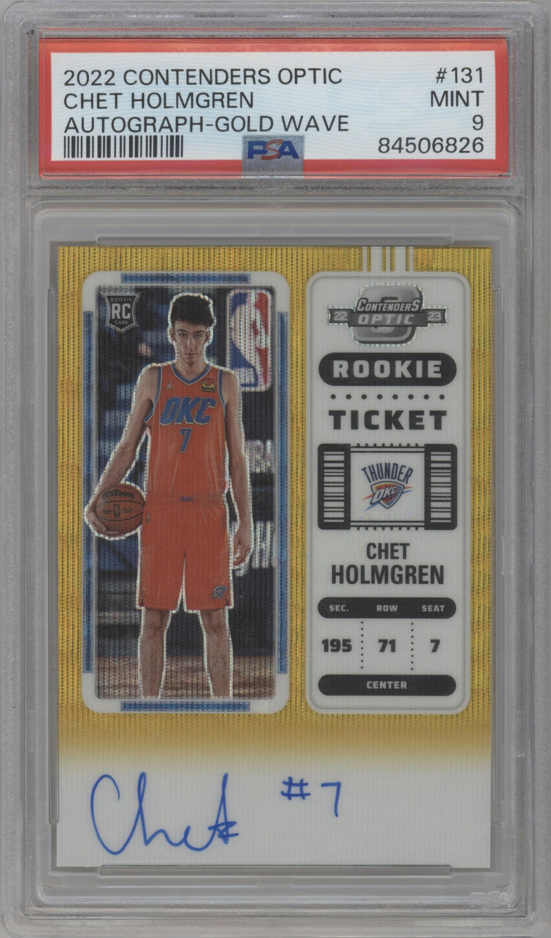 Chet Holmgren from the 2022-23 Panini Contenders Optic set featuring a Gold Wave parallel graded by PSA and given an overall grade of 9.