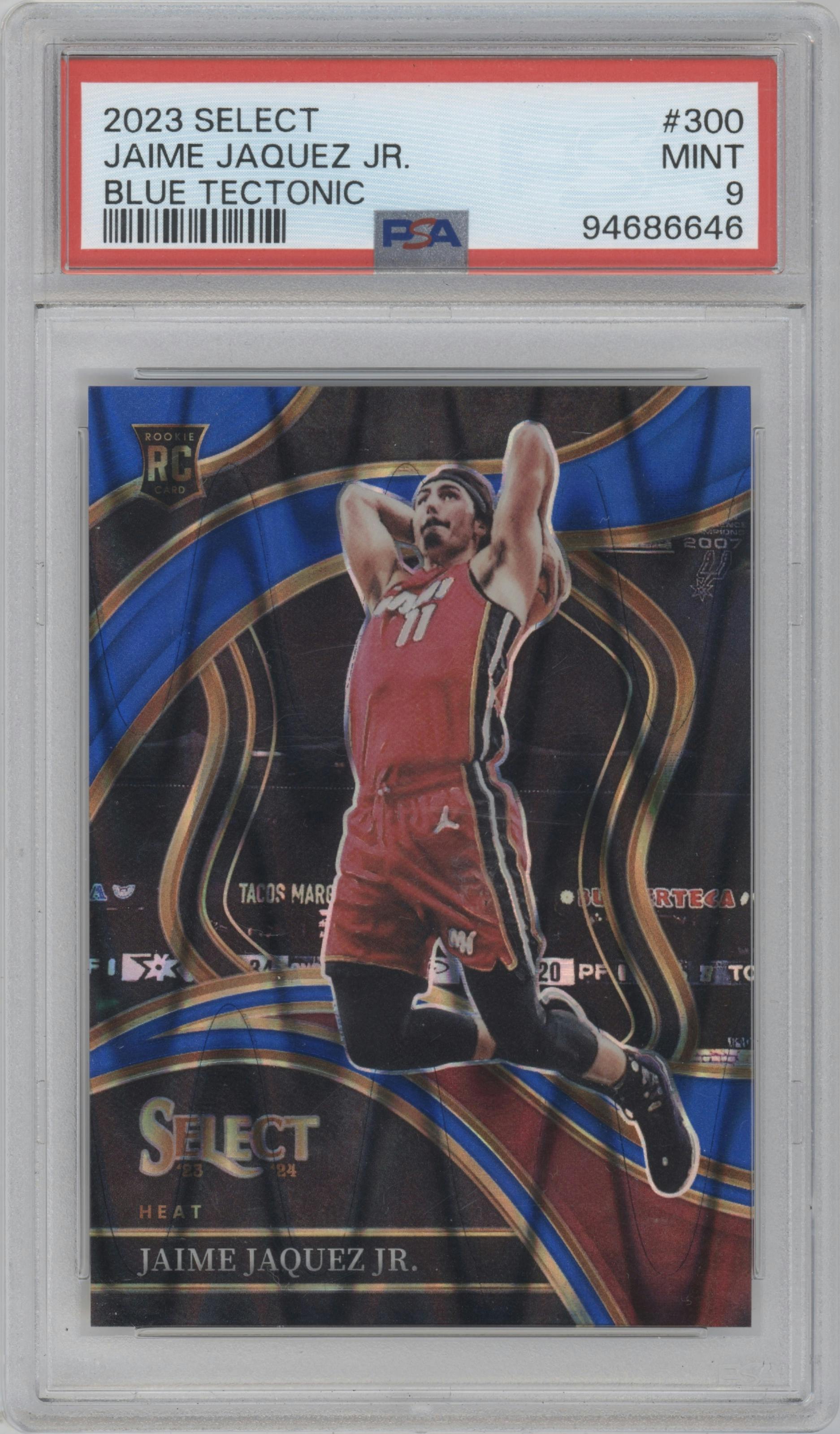 Jaime Jaquez Jr. from the 2023-24 Panini Select  set featuring a Blue Tectonic parallel graded by PSA and given an overall grade of 9.