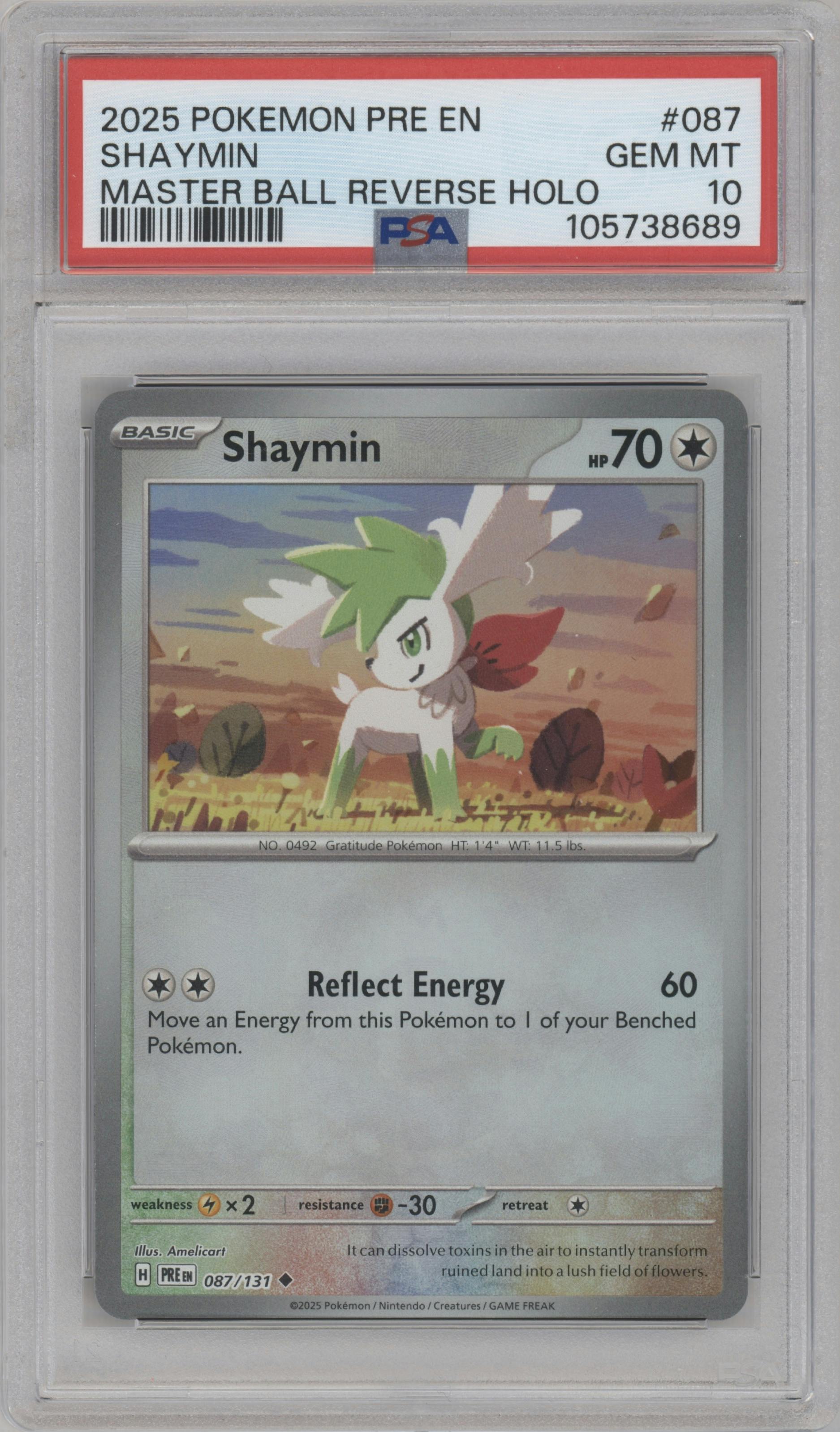 Shaymin from the 2025 Pokemon SV set featuring a Master Ball parallel graded by PSA and given an overall grade of 10.