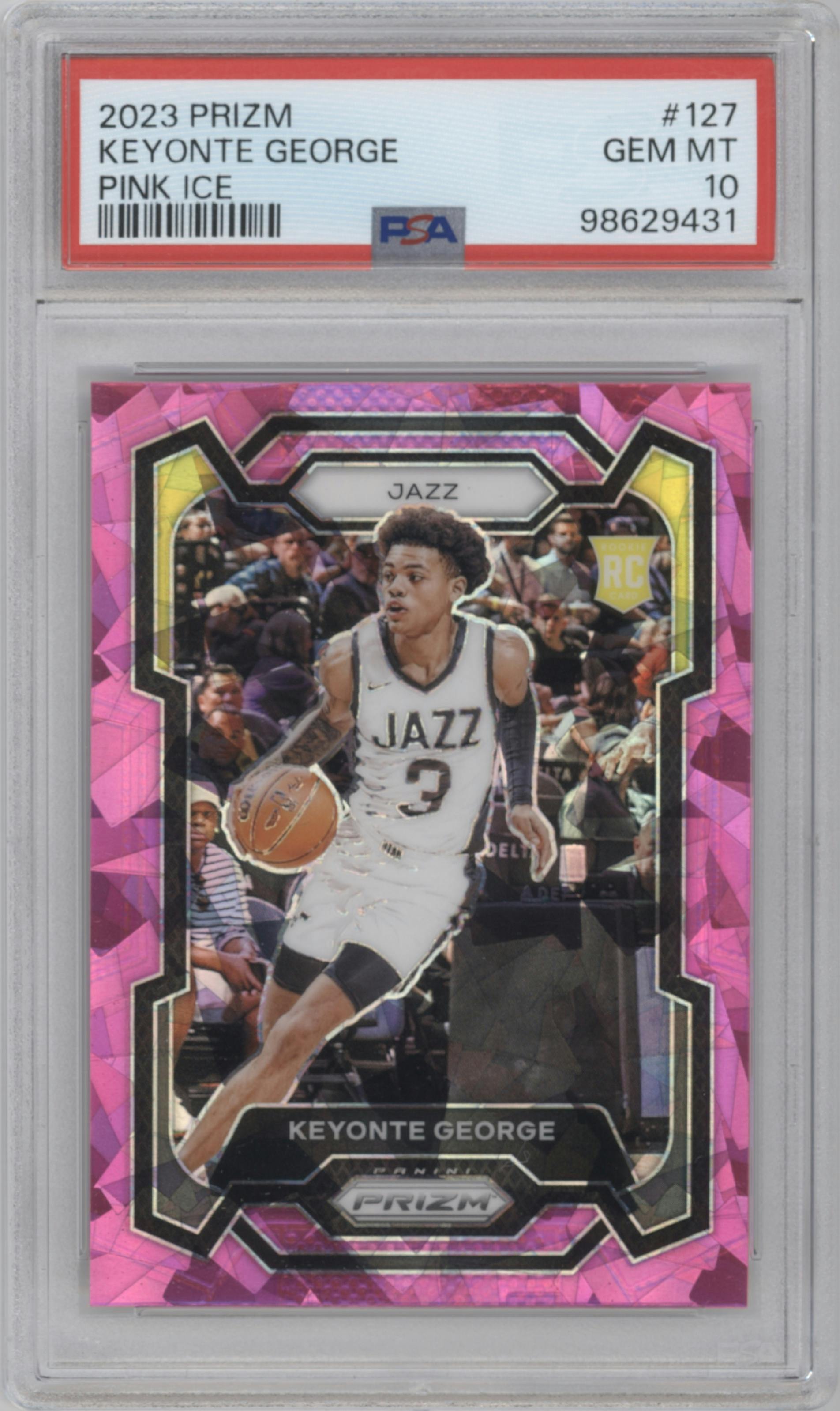 Keyonte George from the 2023-24 Panini Prizm set featuring a Pink Ice parallel graded by PSA and given an overall grade of 10.