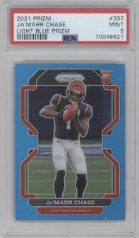 Ja'Marr Chase from the 2021 Panini Prizm set featuring a Light Blue Prizm parallel graded by PSA and given an overall grade of 9.