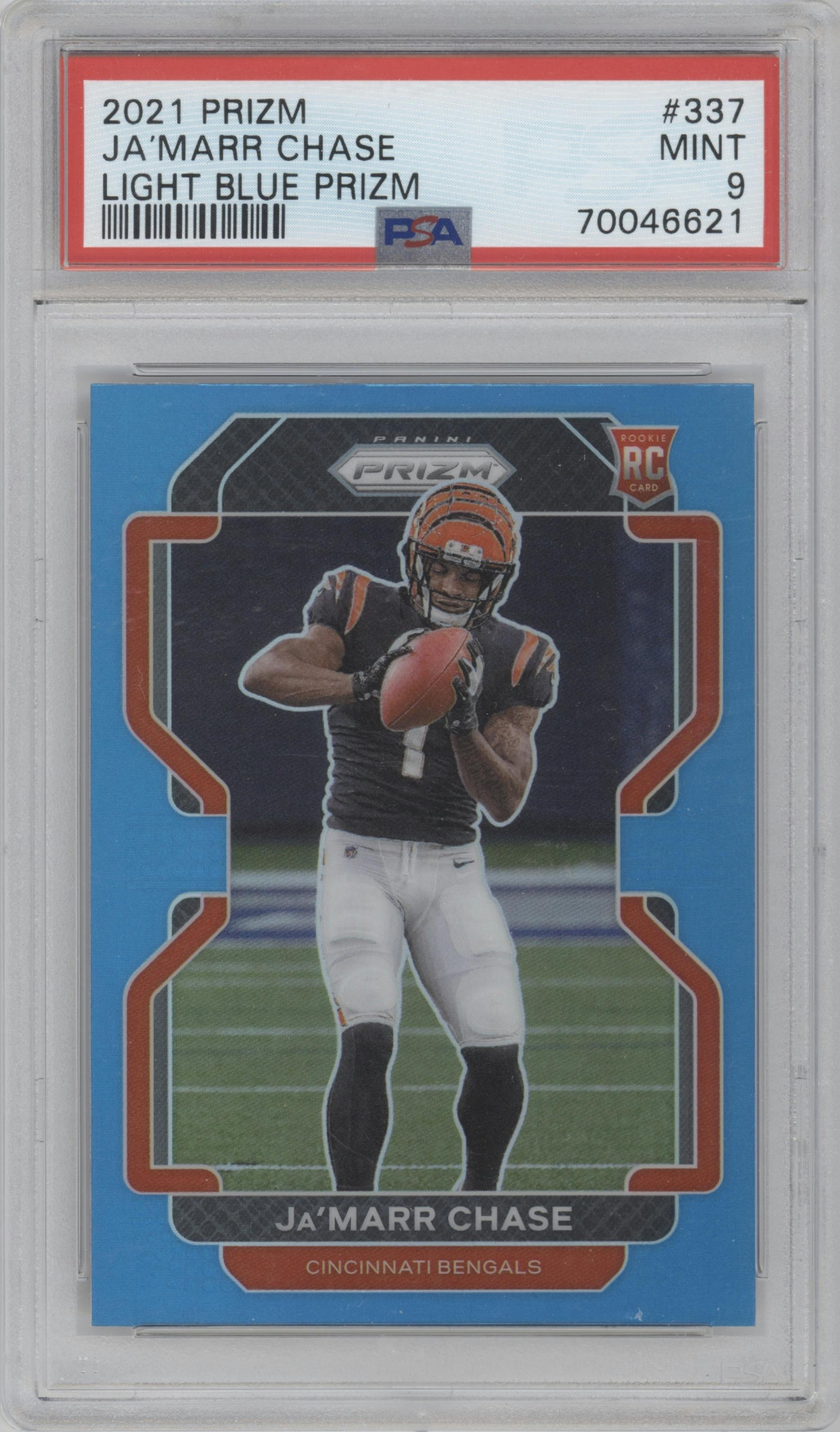 Ja'Marr Chase from the 2021 Panini Prizm set featuring a Light Blue Prizm parallel graded by PSA and given an overall grade of 9.