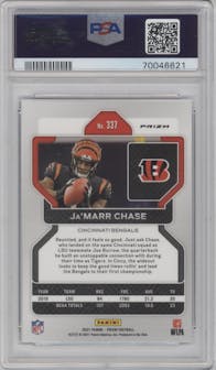 Ja'Marr Chase from the 2021 Panini Prizm set featuring a Light Blue Prizm parallel graded by PSA and given an overall grade of 9.