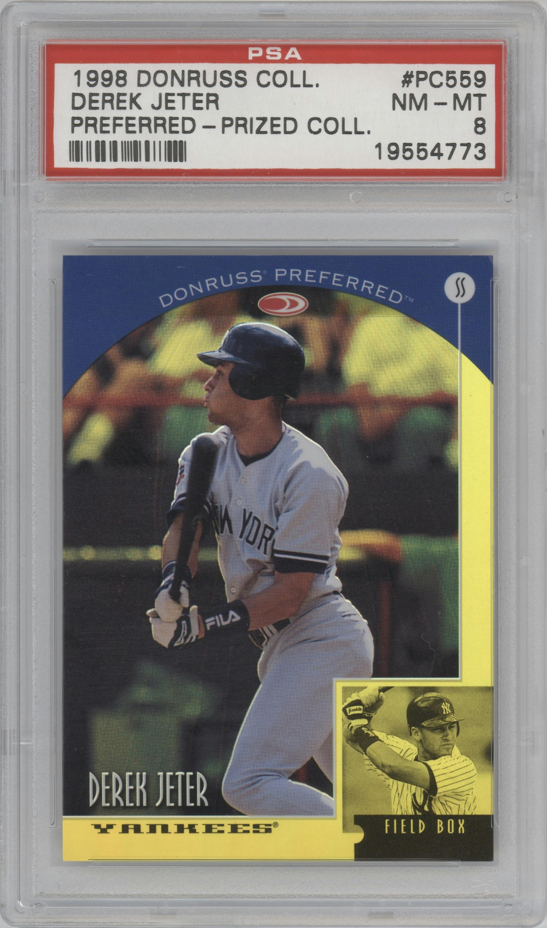 Derek Jeter from the 1998 Donruss Preferred set featuring a Prized Collection parallel graded by PSA and given an overall grade of 8.