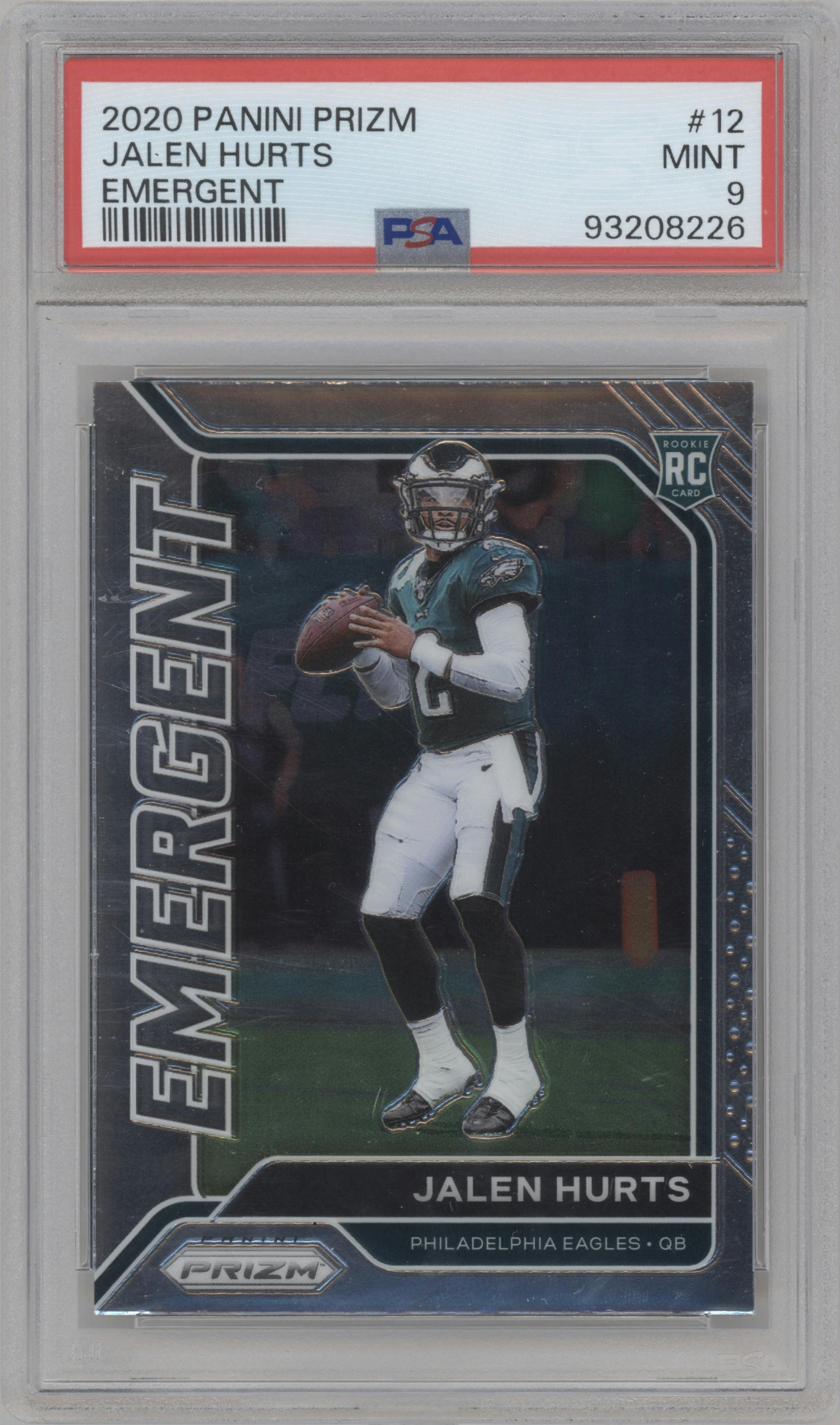Jalen Hurts from the 2020 Panini Prizm set graded by PSA and given an overall grade of 9.