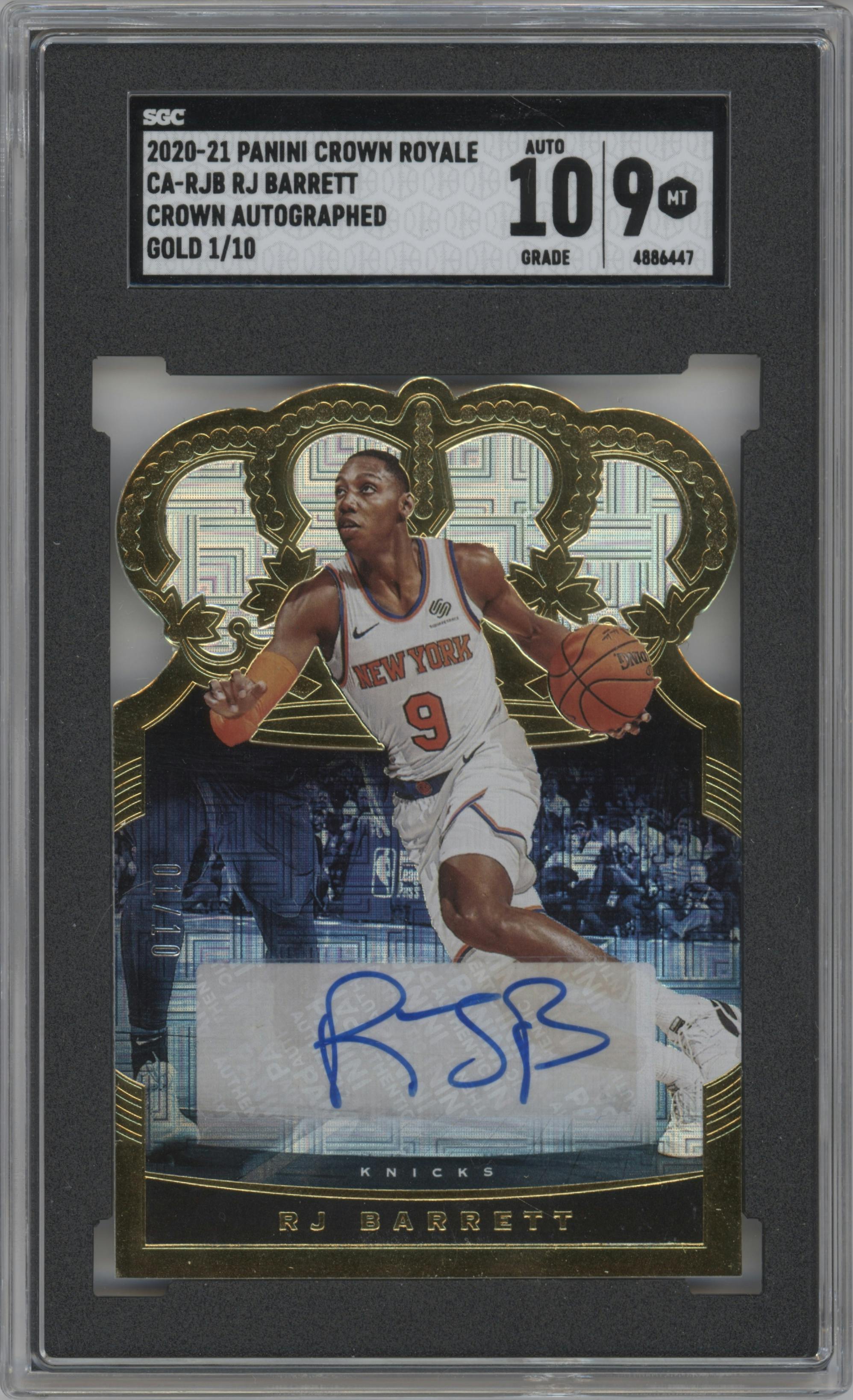 RJ Barrett from the 2020-21 Panini Crown Royale set featuring a Gold  parallel graded by SGC and given an overall grade of 9.