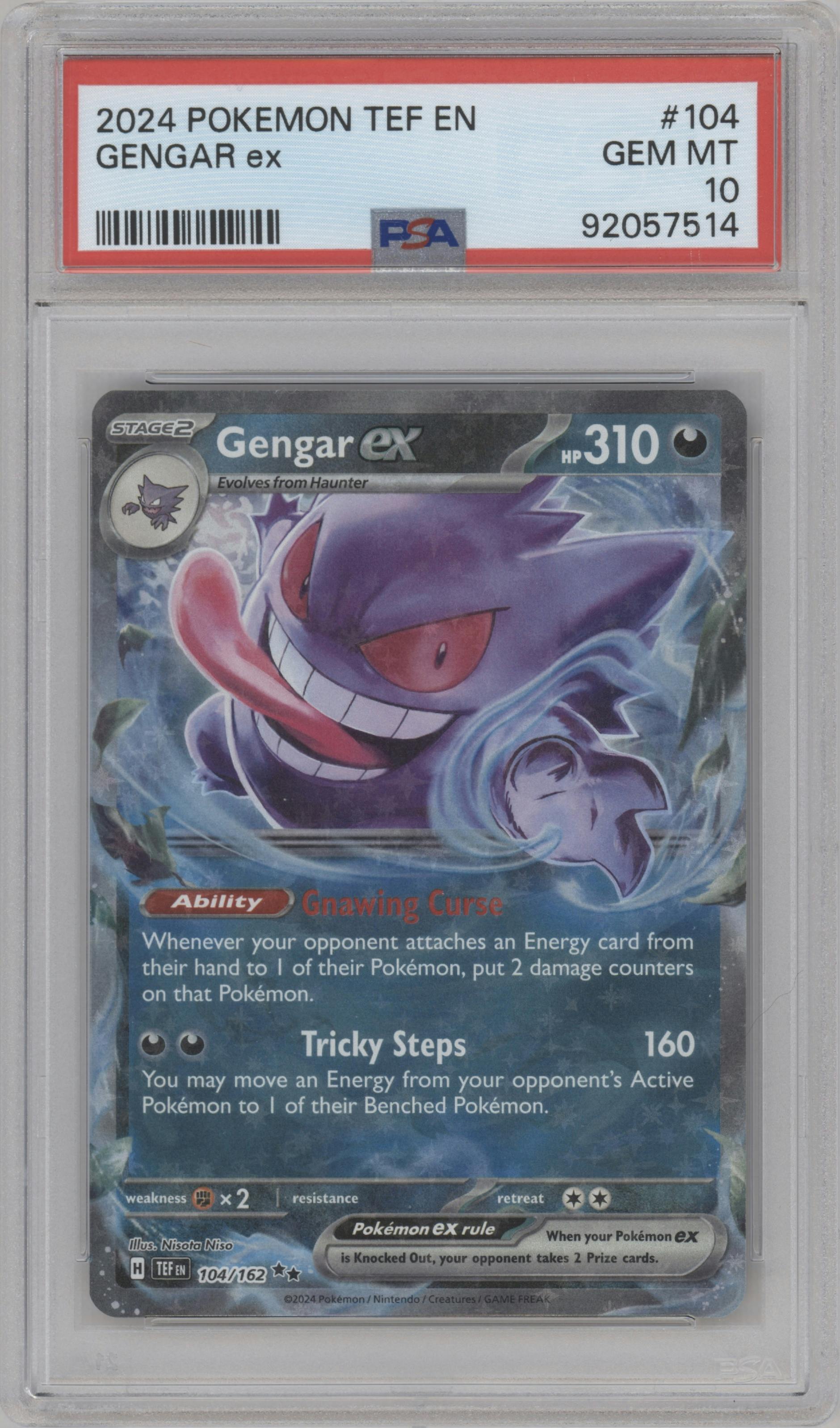 Gengar EX from the 2024 Pokemon SV set graded by PSA and given an overall grade of 10.