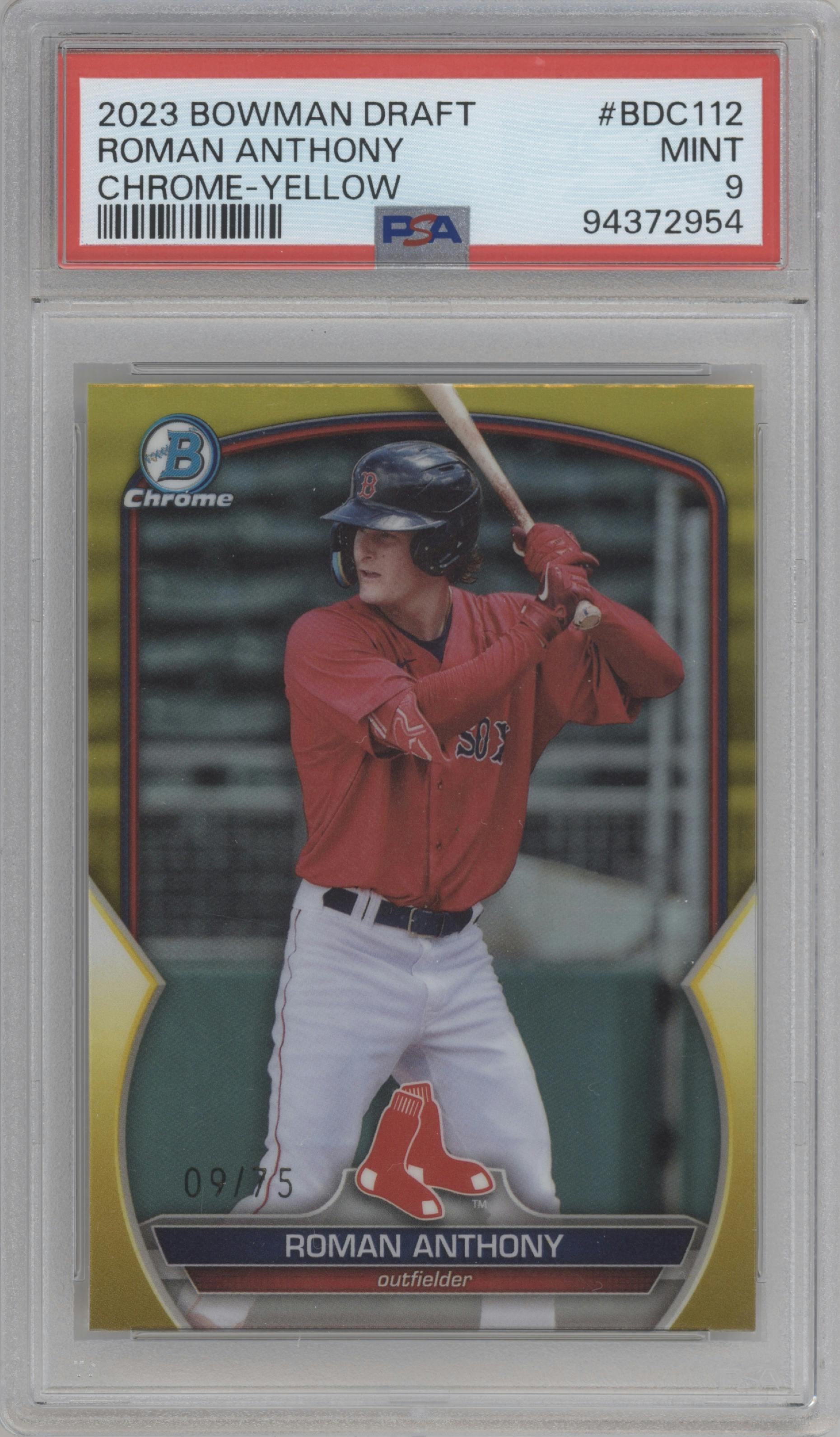 Roman Anthony from the 2023 Bowman Draft set featuring a Yellow Refractor parallel graded by PSA and given an overall grade of 9.