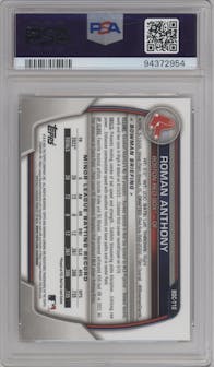 Roman Anthony from the 2023 Bowman Draft set featuring a Yellow Refractor parallel graded by PSA and given an overall grade of 9.