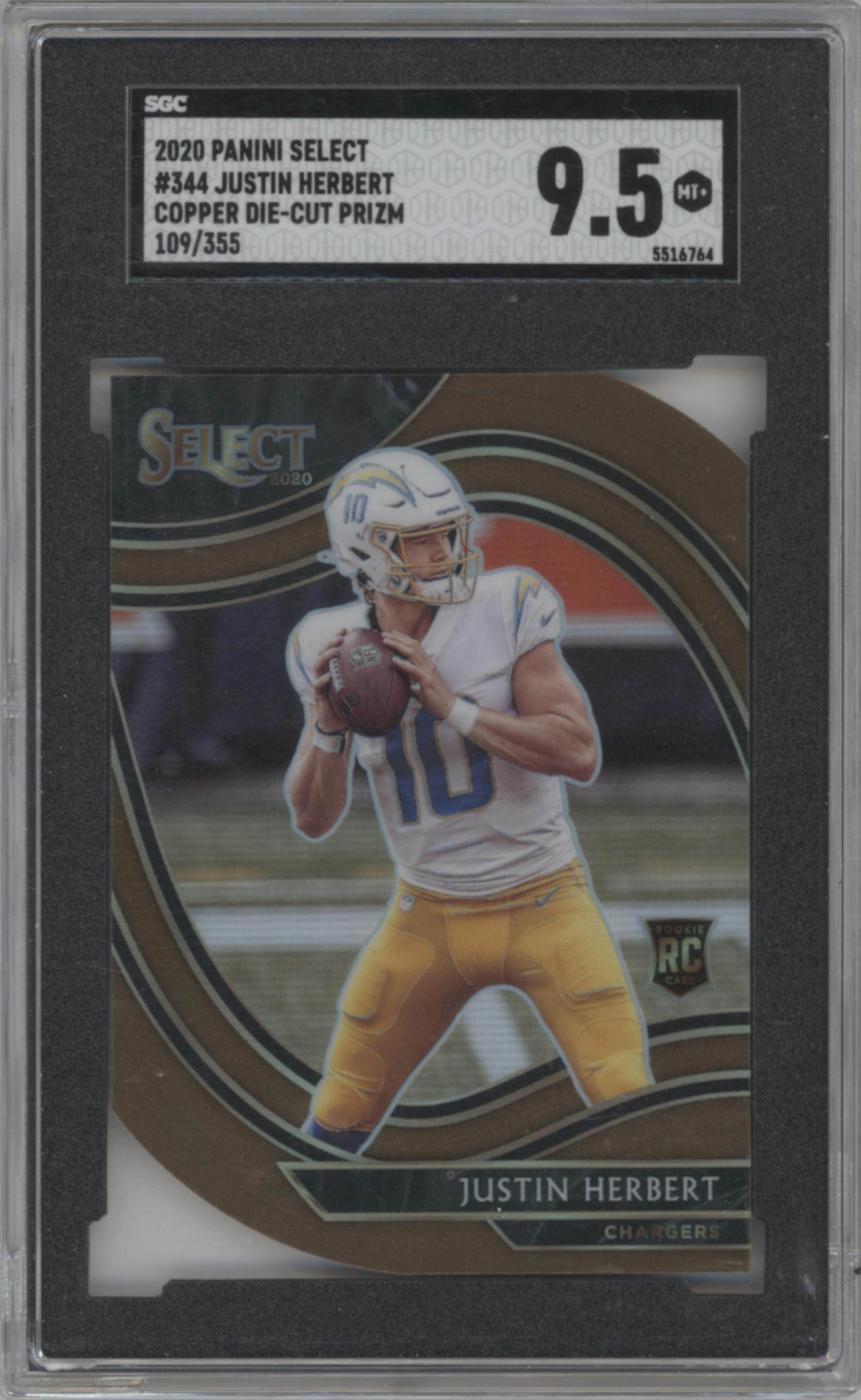 Justin Herbert from the 2020 Panini Select set featuring a Die-Cut Copper parallel graded by SGC and given an overall grade of 9.5.