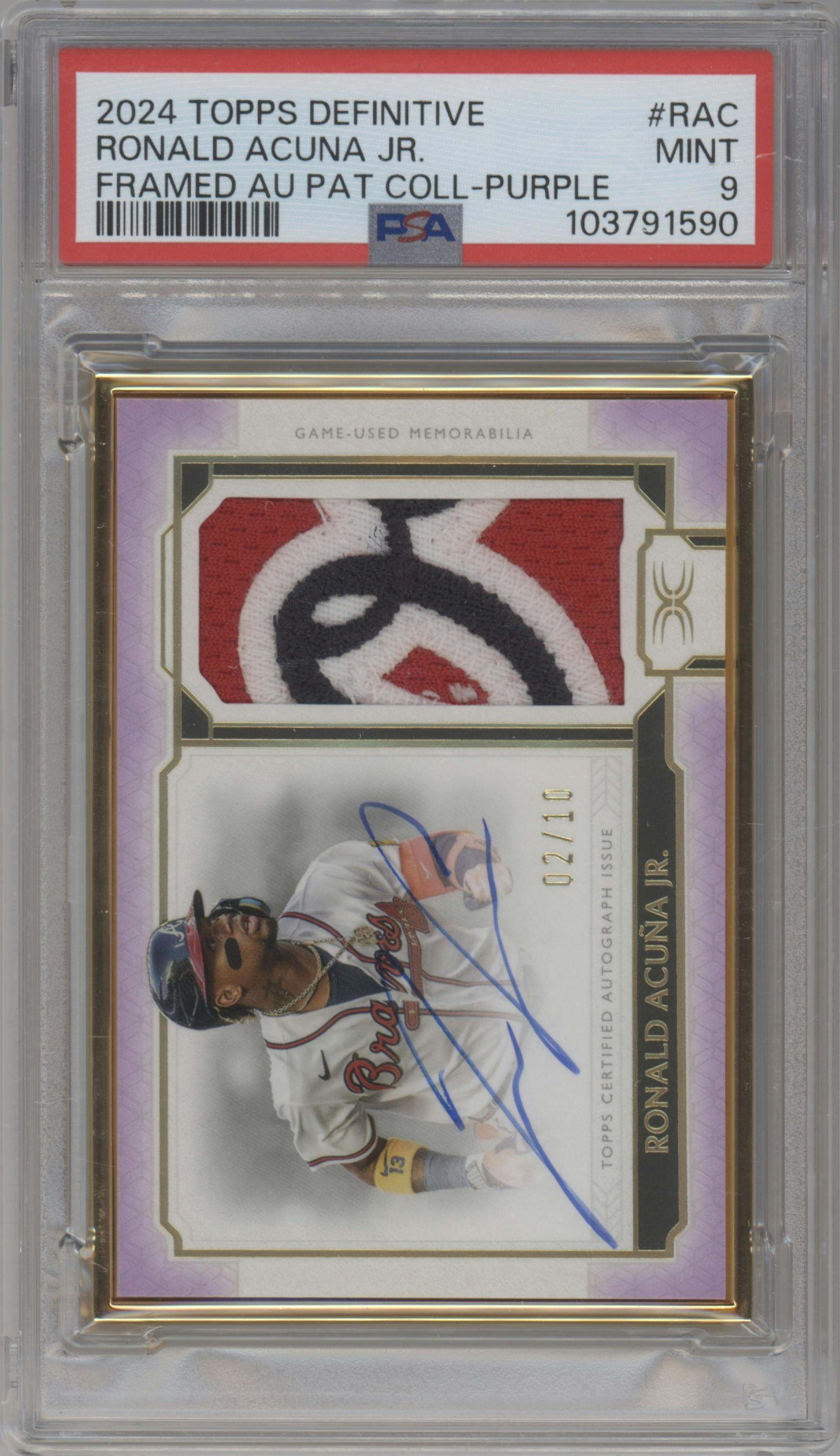 Ronald Acuna Jr. from the 2024 Topps Definitive Collection set featuring a Purple parallel graded by PSA and given an overall grade of 9.