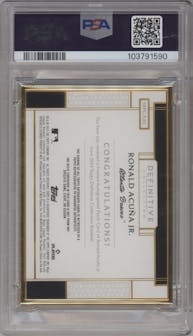 Ronald Acuna Jr. from the 2024 Topps Definitive Collection set featuring a Purple parallel graded by PSA and given an overall grade of 9.