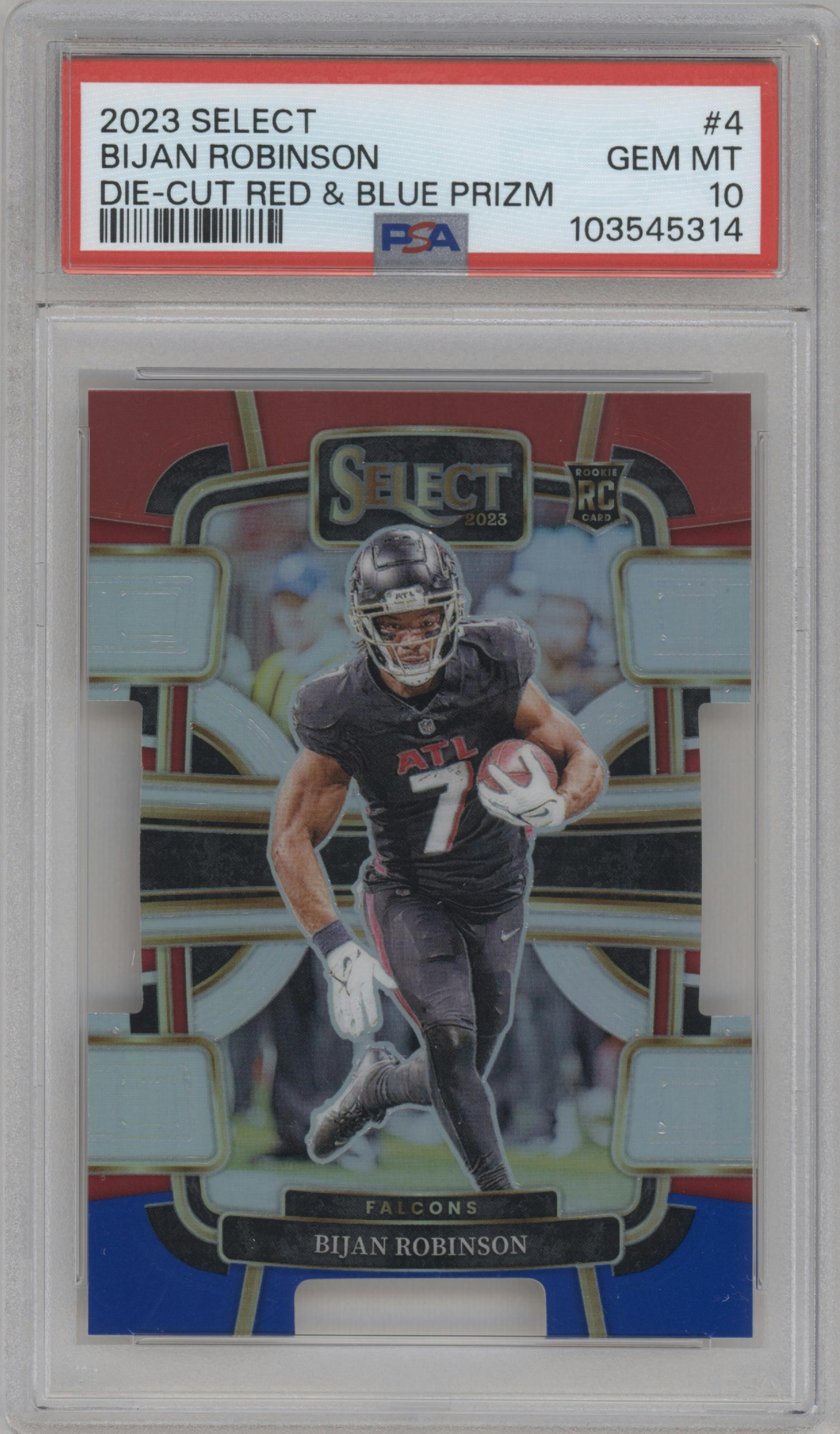 Bijan Robinson from the 2023 Panini Select set featuring a Die-Cut Red & Blue parallel graded by PSA and given an overall grade of 10.