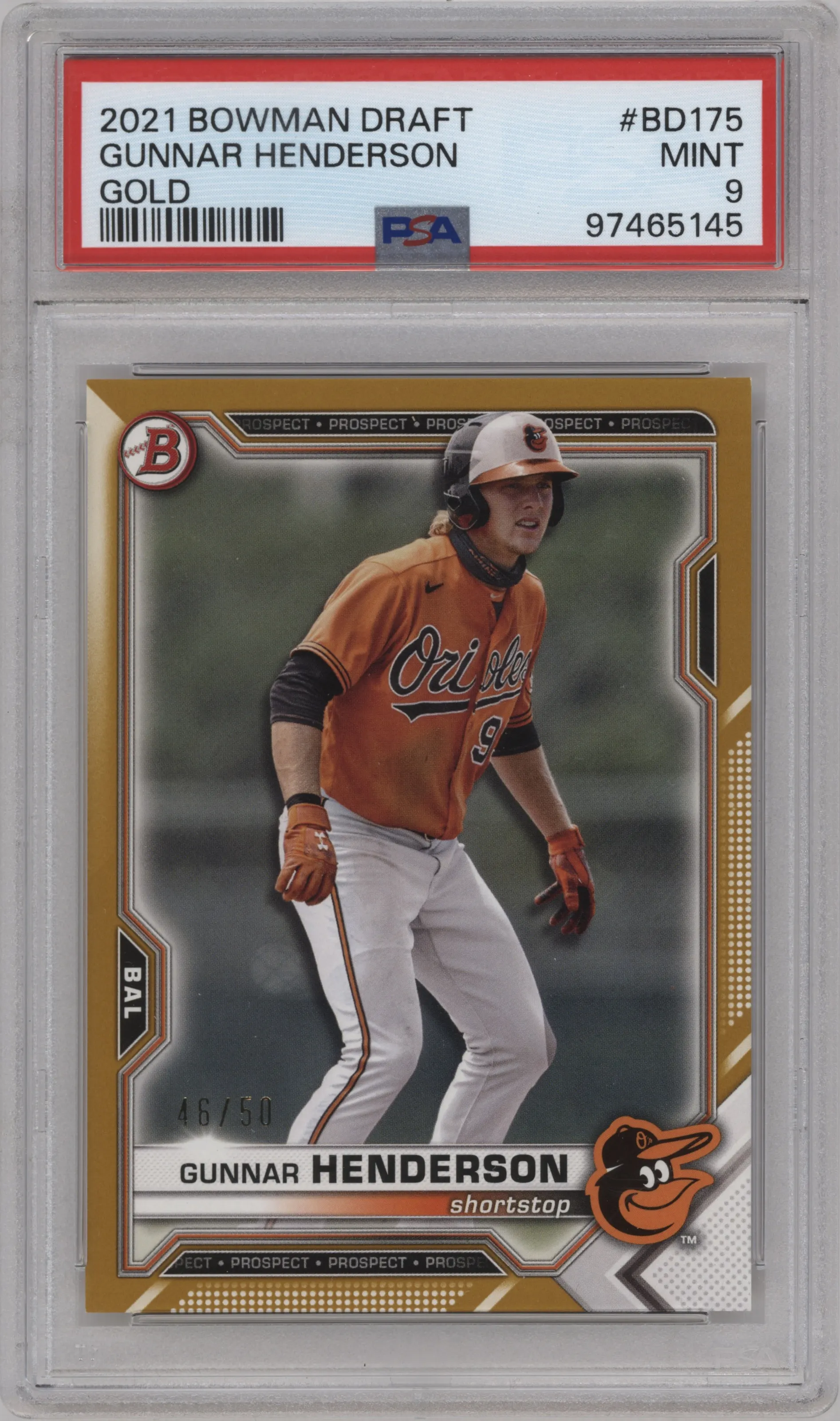 2021 Bowman Draft Prospect Gunnar Henderson Gold PSA 9