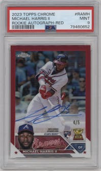 Michael Harris II from the 2023 Topps Chrome set featuring a Red parallel graded by PSA and given an overall grade of 9.