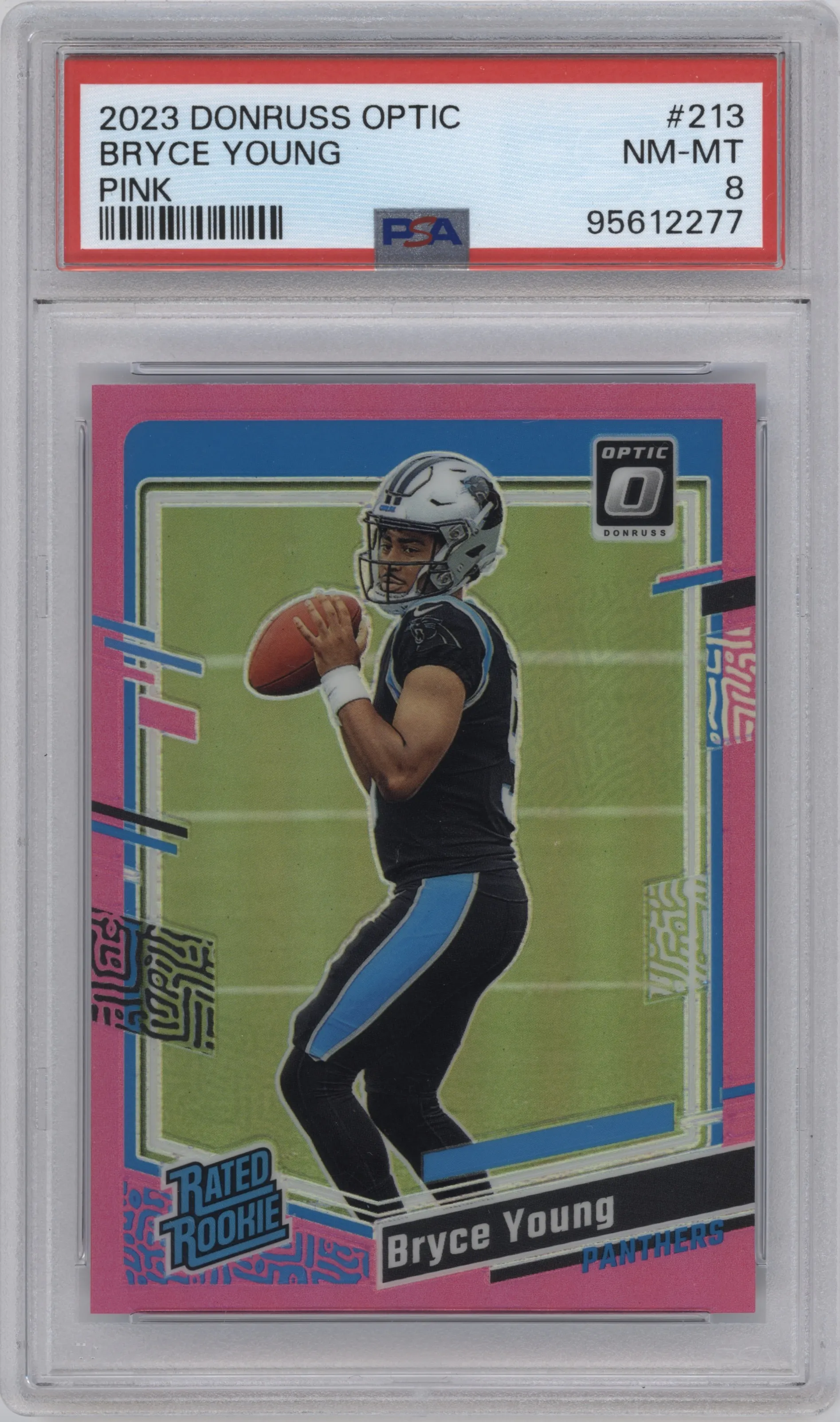 Bryce Young from the 2023 Donruss Optic set featuring a Pink parallel graded by PSA and given an overall grade of 8.
