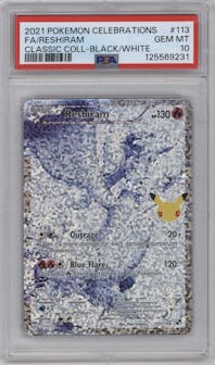 Reshiram from the 2021 Pokemon SWSH set featuring a Black & White parallel graded by PSA and given an overall grade of 10.