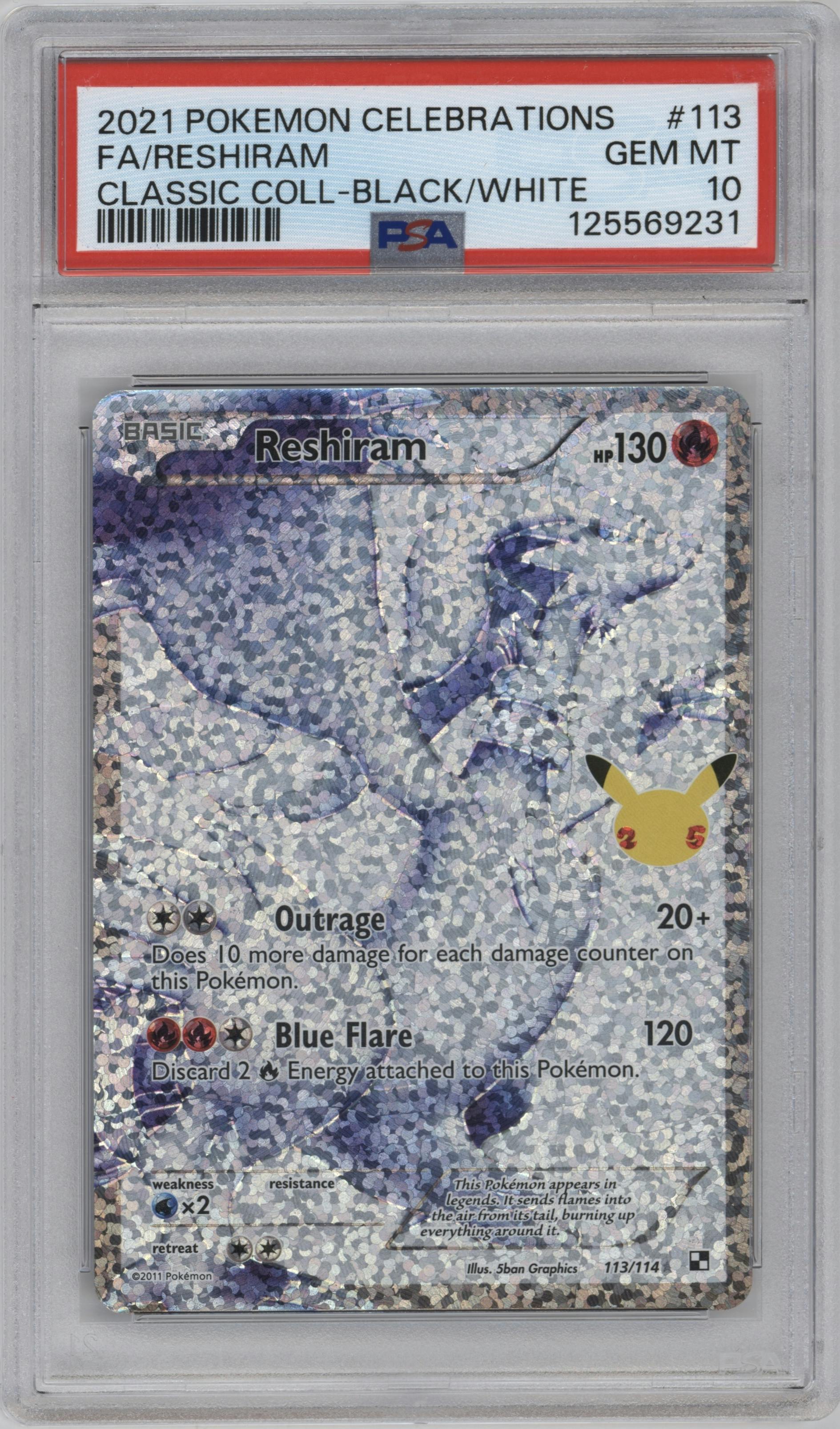 Reshiram from the 2021 Pokemon SWSH set featuring a Black & White parallel graded by PSA and given an overall grade of 10.