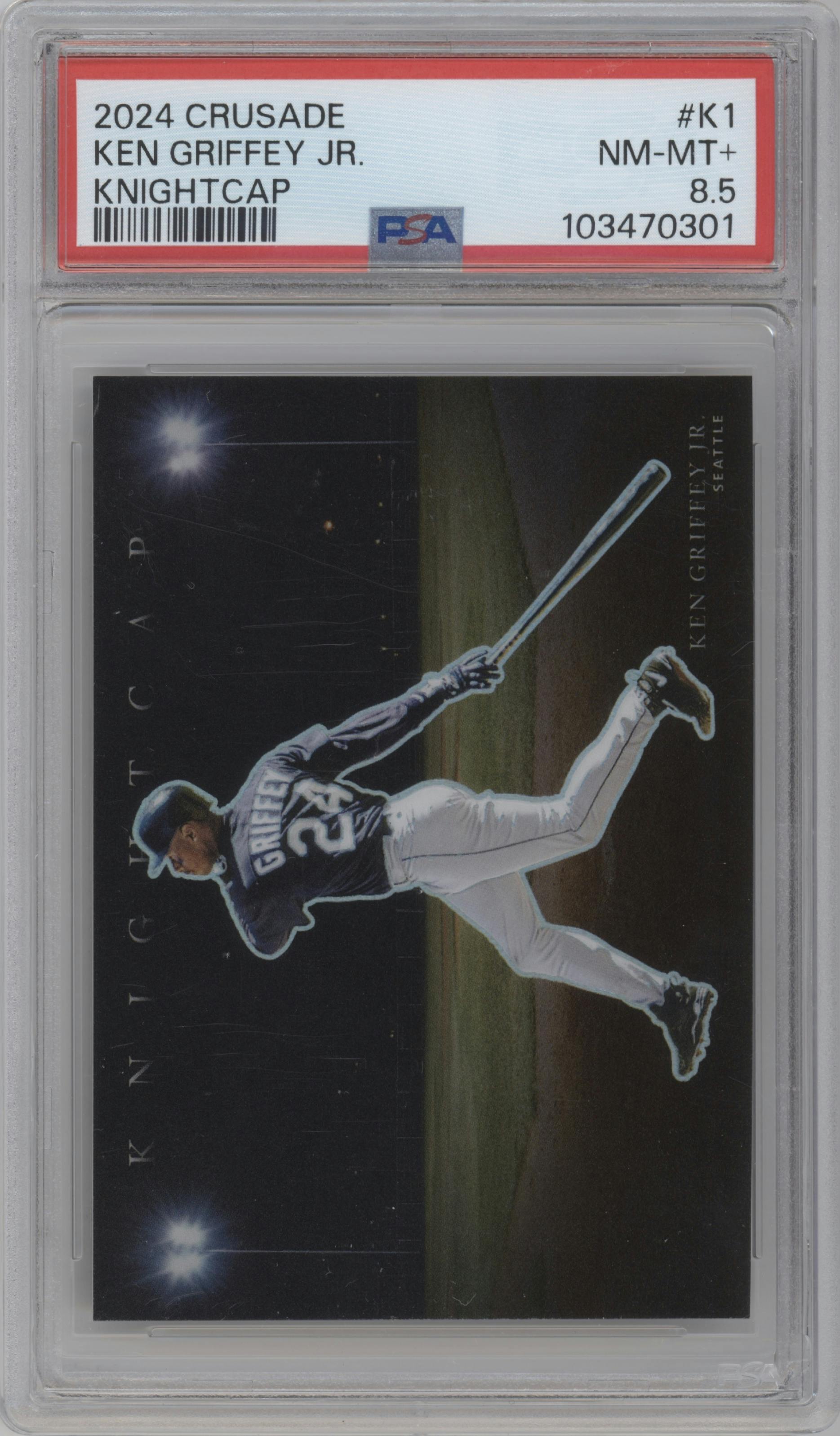 Ken Griffey Jr. from the 2024 Panini Crusade set graded by PSA and given an overall grade of 8.5.