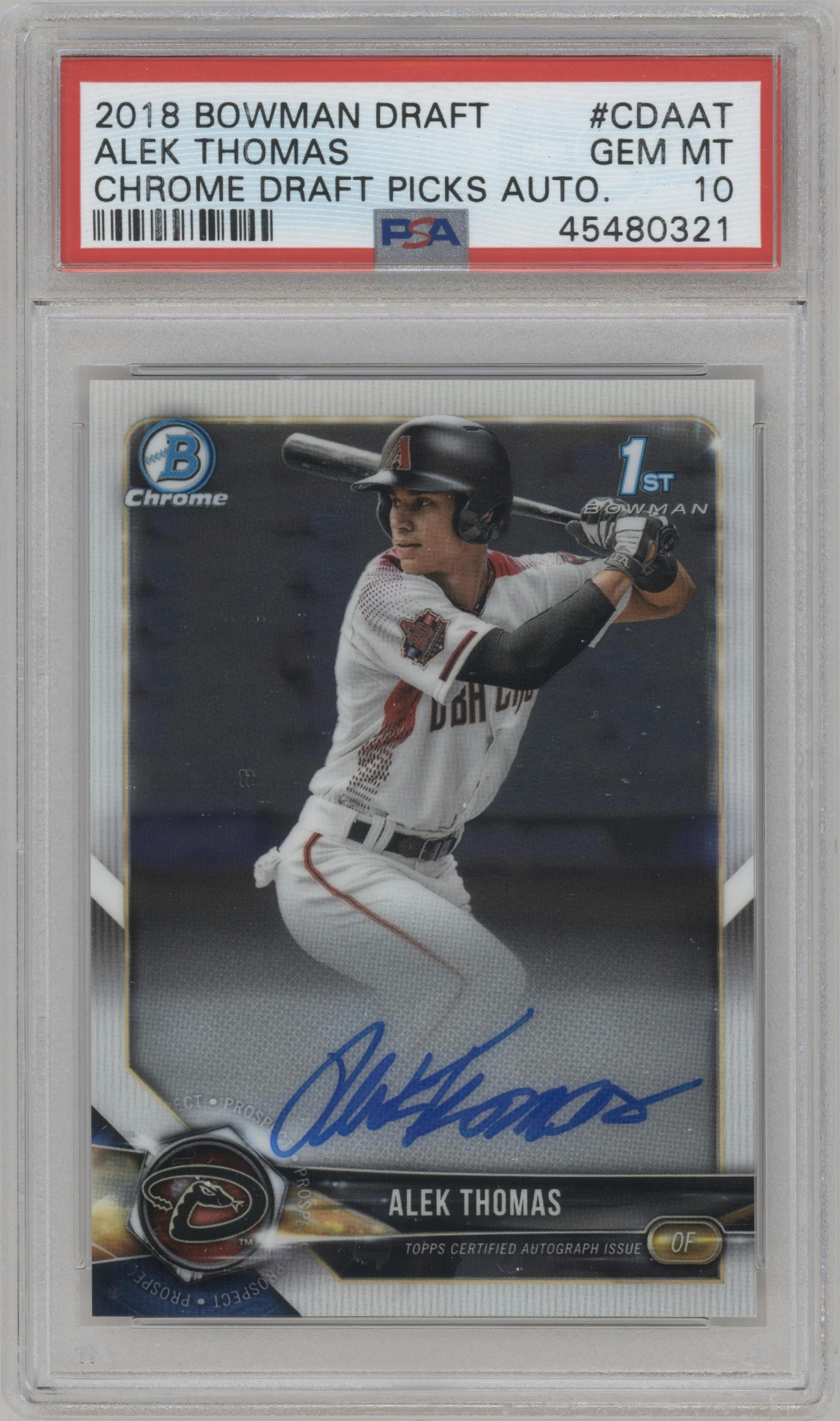 Alek Thomas from the 2018 Bowman Draft set graded by PSA and given an overall grade of 10.