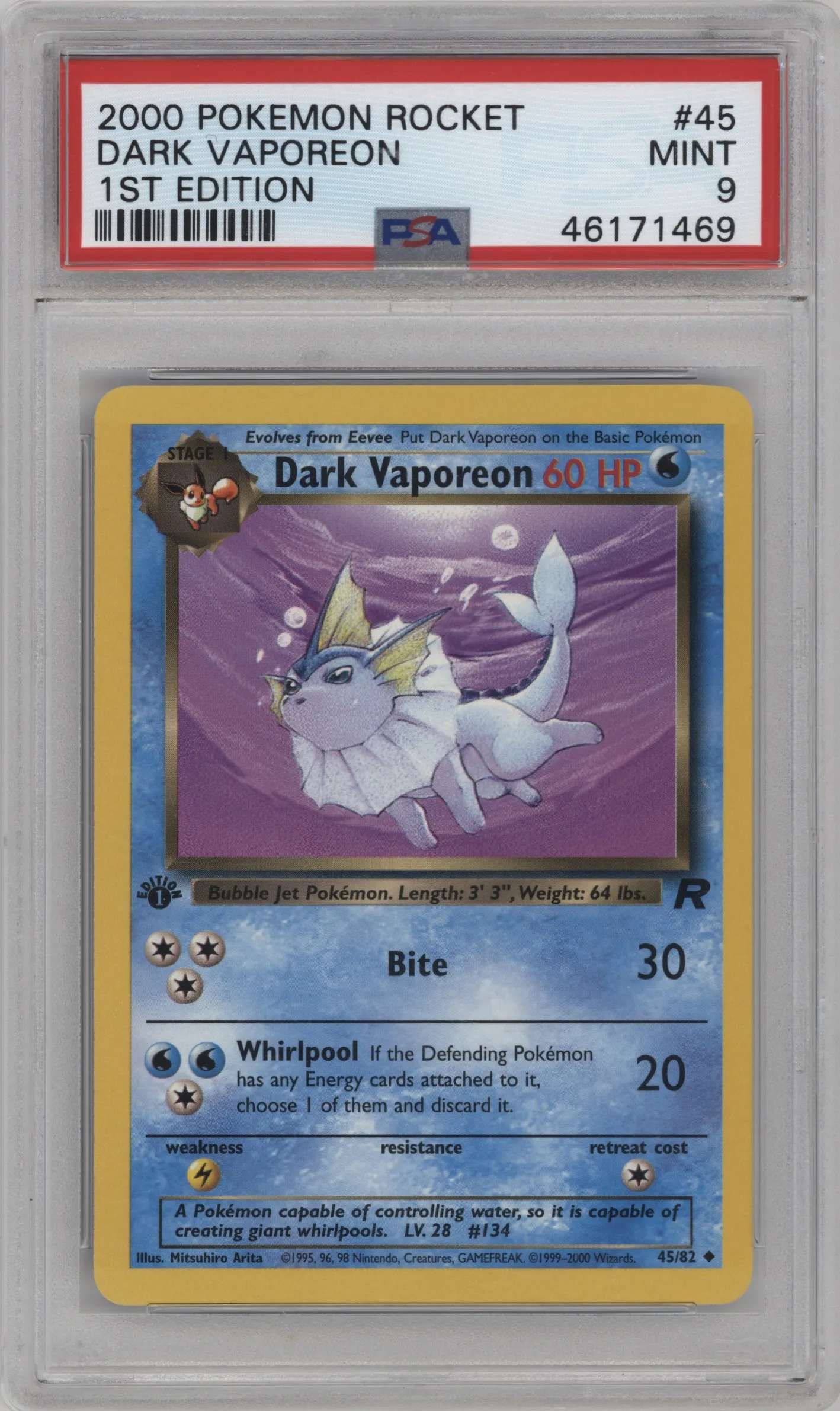 2000 Pokemon Team Rocket Dark Vaporeon #45 PSA 9