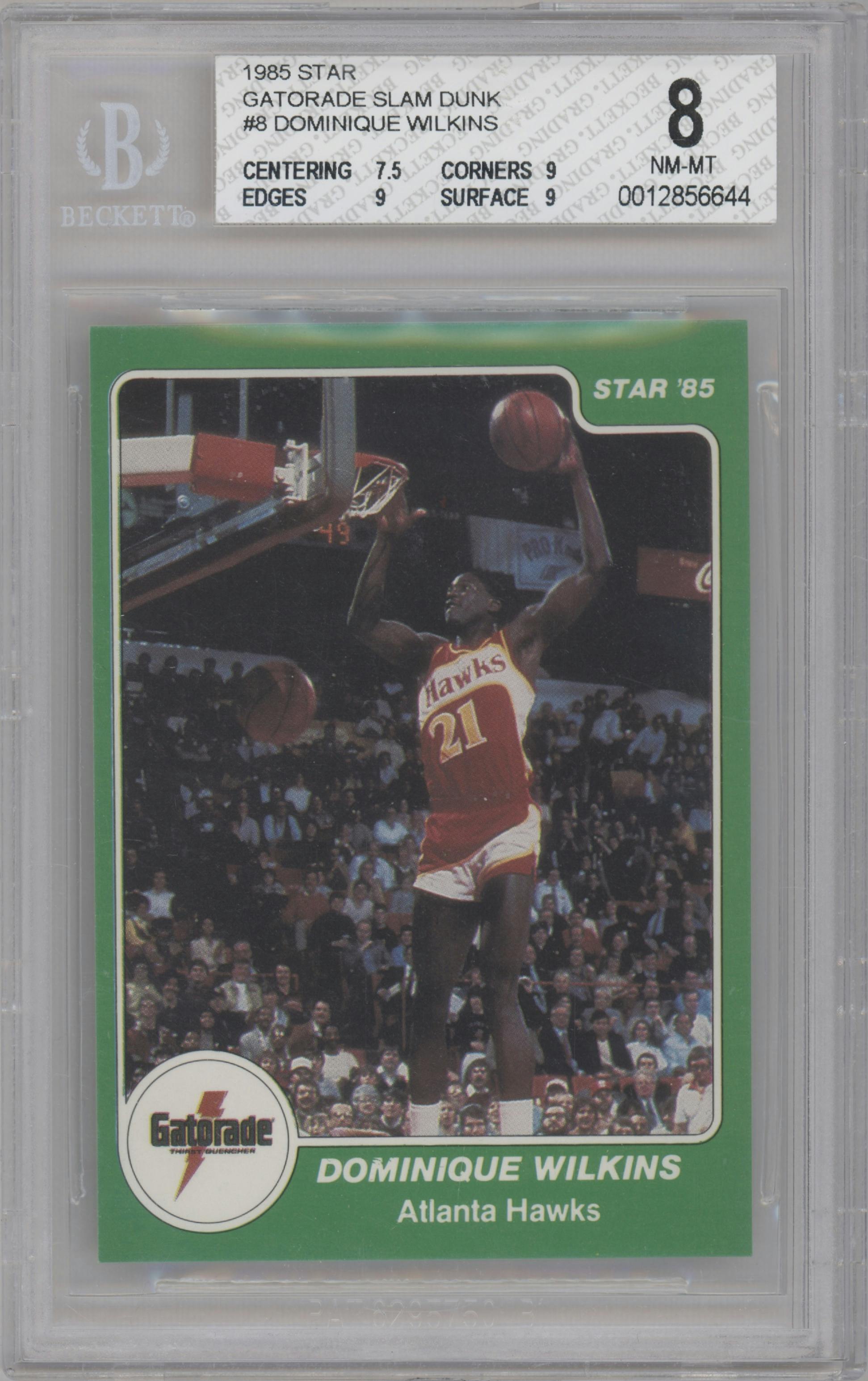 Dominique Wilkins from the 1985 Star Gatorade Slam Dunk set graded by Beckett and given an overall grade of 8.