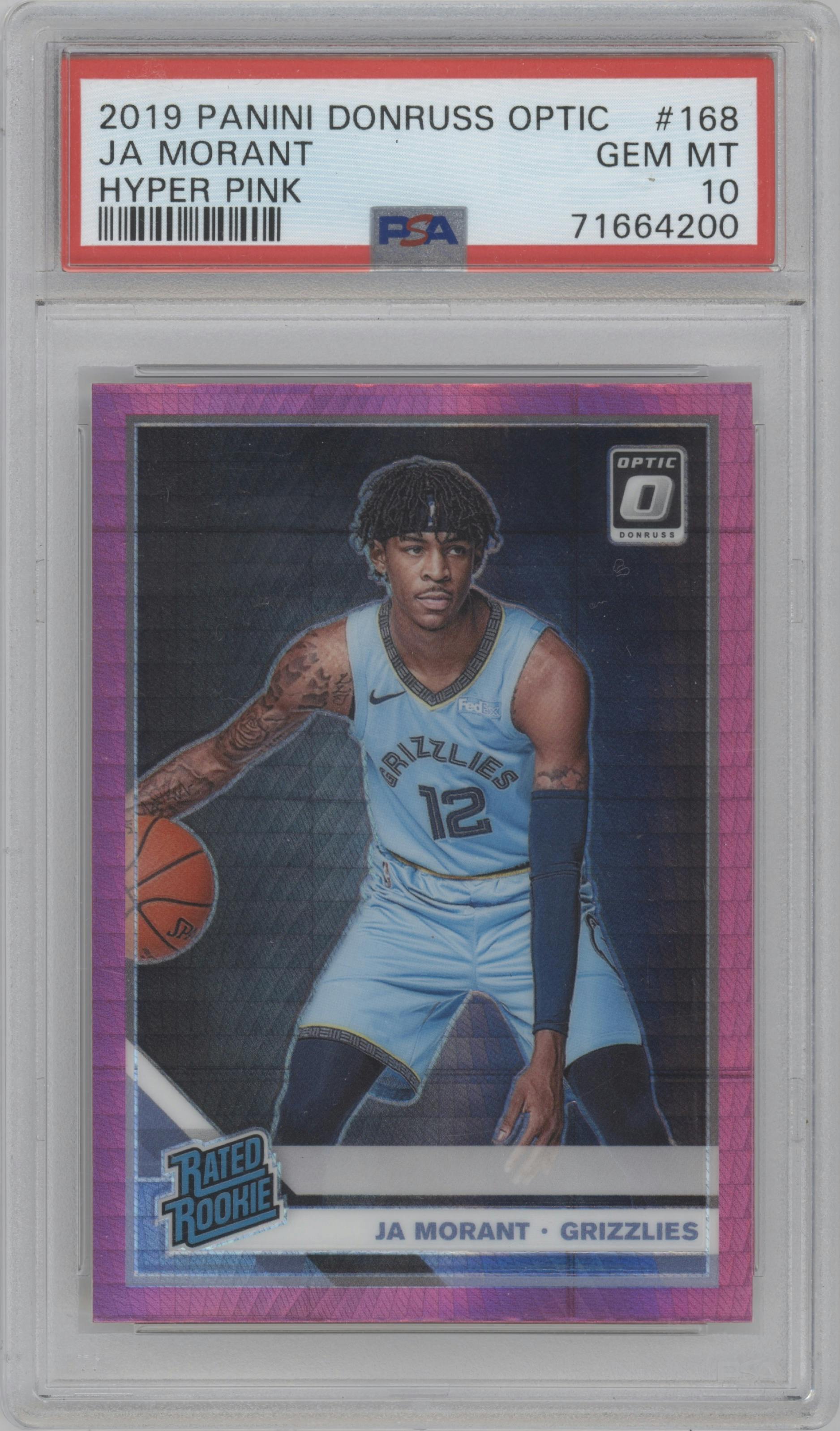 Ja Morant from the 2019-20 Panini Donruss Optic set featuring a Hyper Pink parallel graded by PSA and given an overall grade of 10.