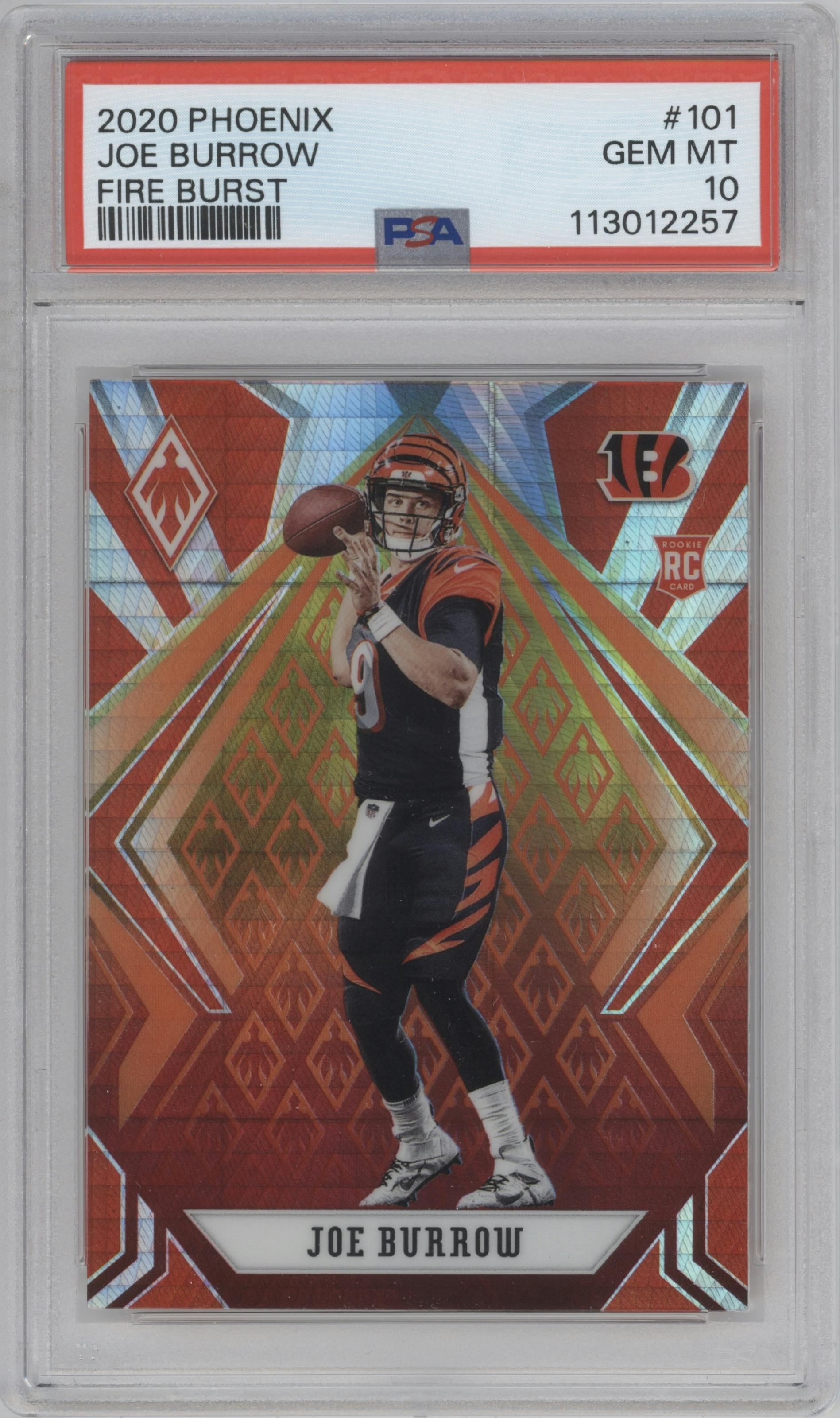Joe Burrow from the 2020 Panini Phoenix set featuring a Fire Burst parallel graded by PSA and given an overall grade of 10.