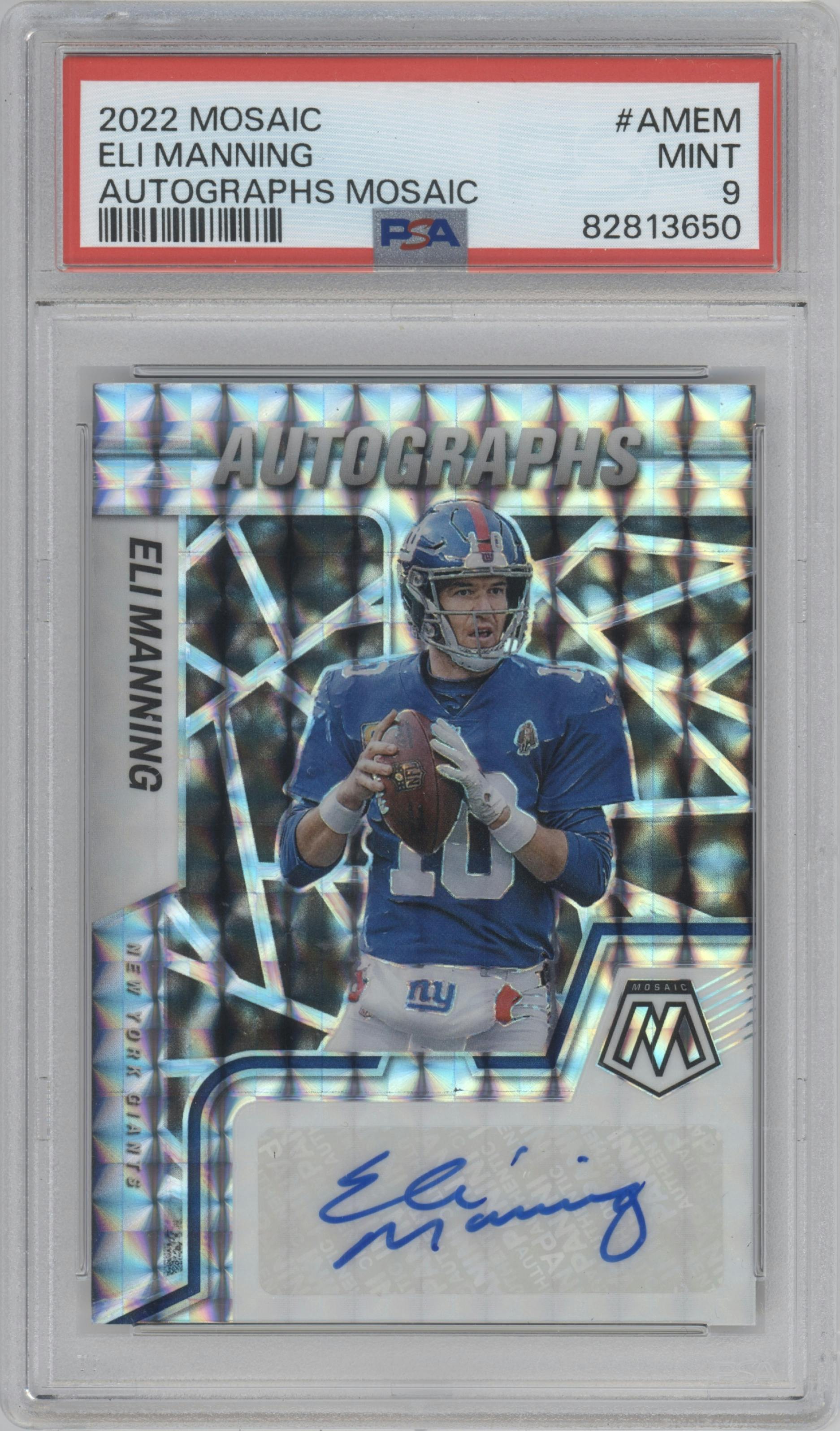 Eli Manning from the 2022 Panini Mosaic set graded by PSA and given an overall grade of 9.