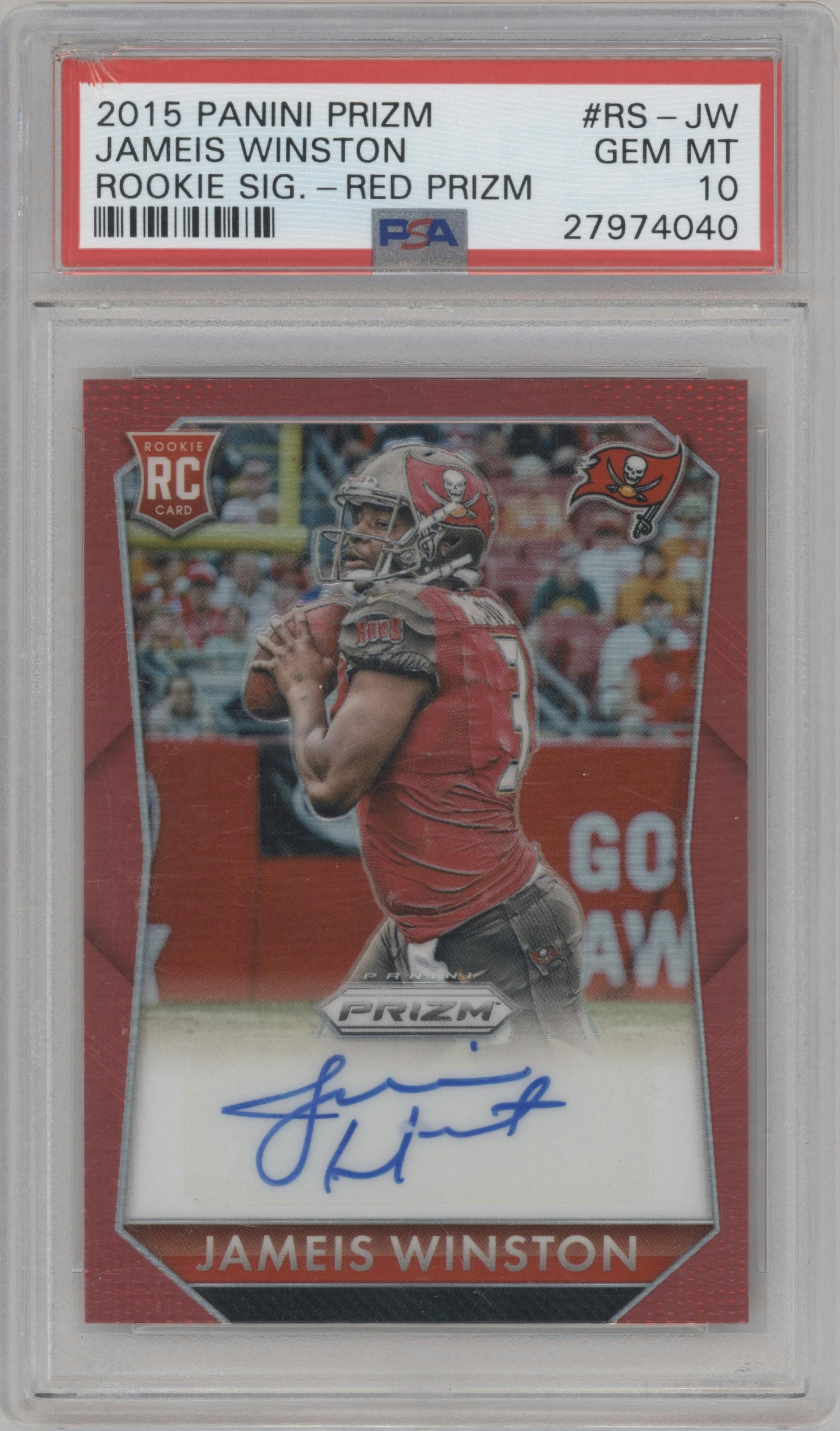 Jameis Winston from the 2015 Panini Prizm set featuring a Red Prizm parallel graded by PSA and given an overall grade of 10.