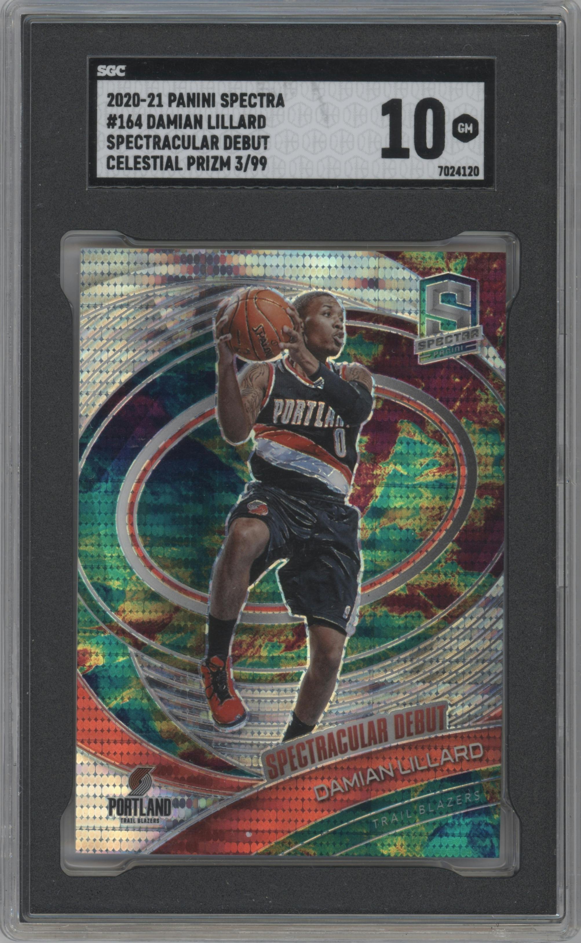 Damian Lillard from the 2020-21 Panini Spectra set featuring a Celestial parallel graded by SGC and given an overall grade of 10.