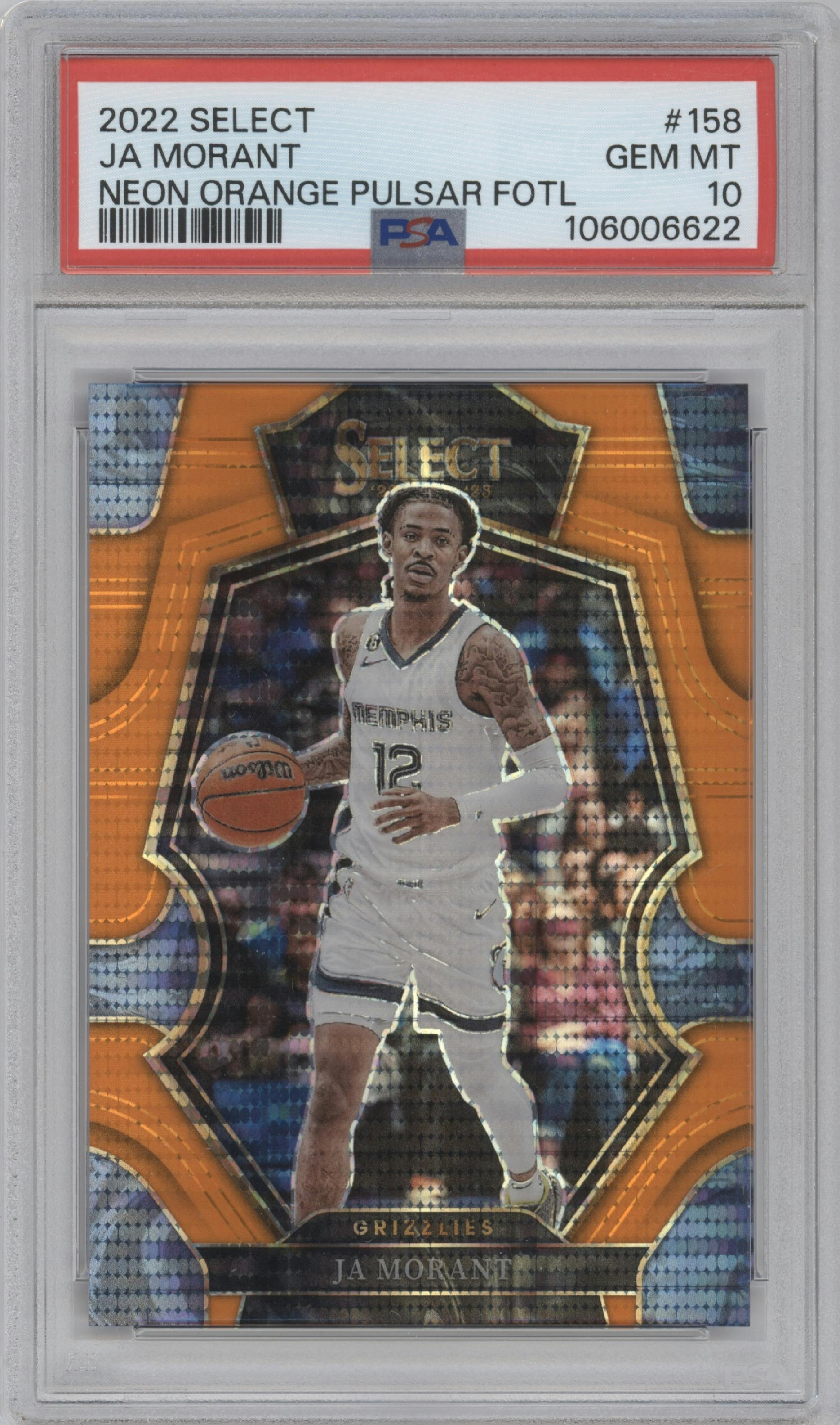 Ja Morant from the 2022-23 Panini Select set featuring a Neon Orange Pulsar parallel graded by PSA and given an overall grade of 10.