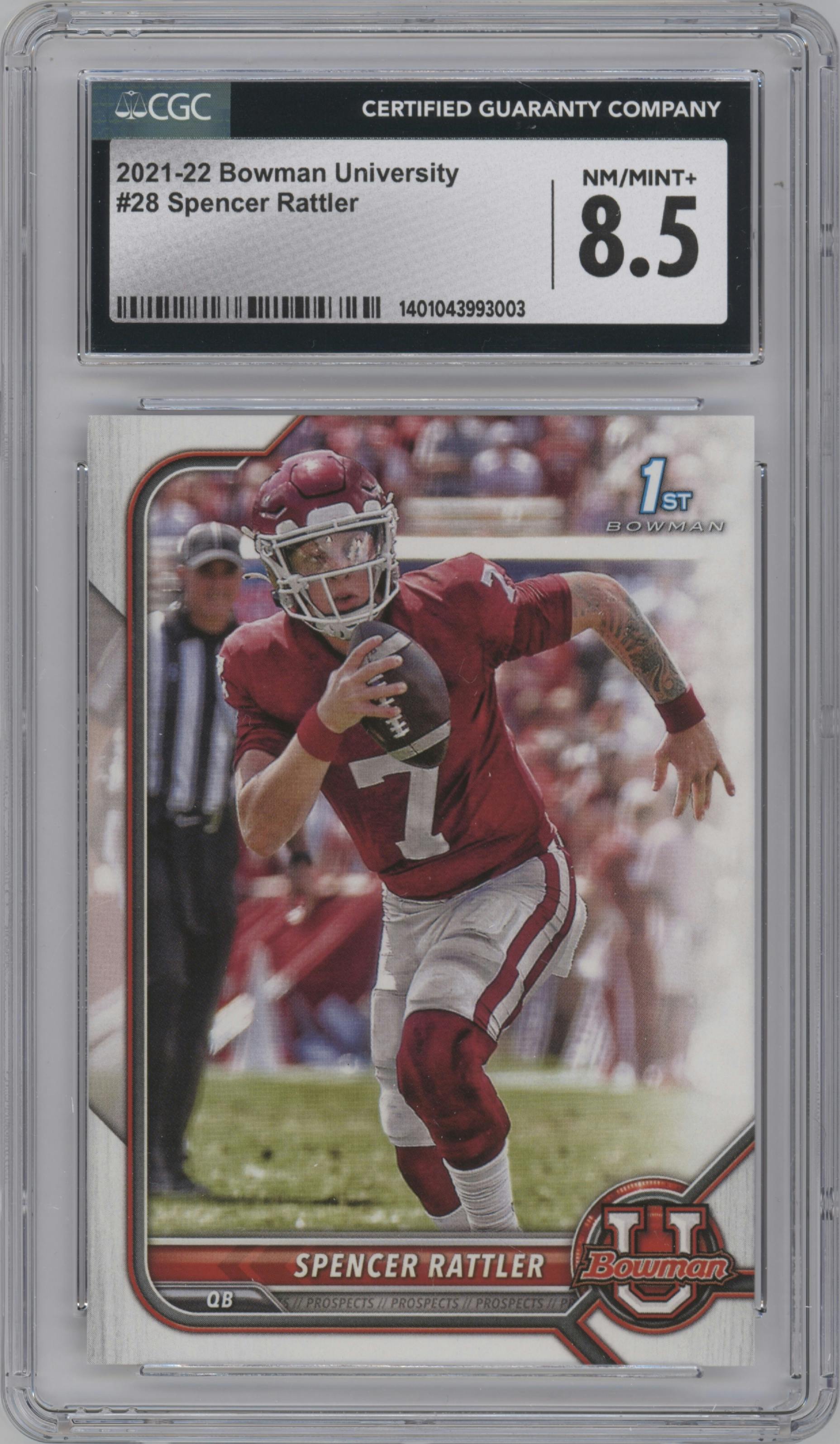 Spencer Rattler from the 2021-22 Bowman University set graded by CSG and given an overall grade of 8.5.