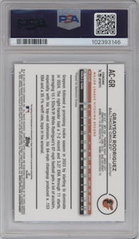 Grayson Rodriguez from the 2024 Topps Chrome Update set featuring a Blue Refractor parallel graded by PSA and given an overall grade of 10.