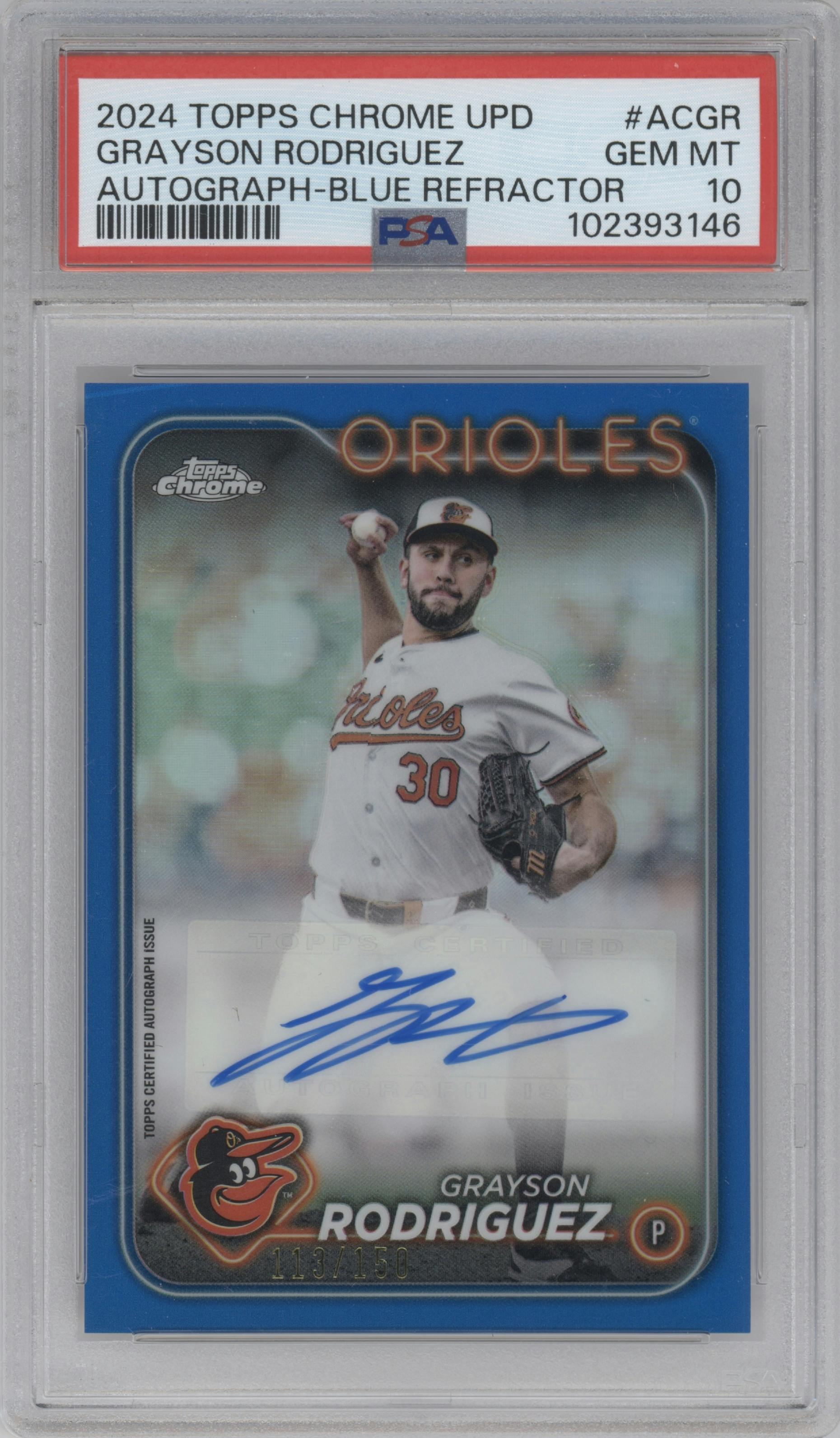 Grayson Rodriguez from the 2024 Topps Chrome Update set featuring a Blue Refractor parallel graded by PSA and given an overall grade of 10.