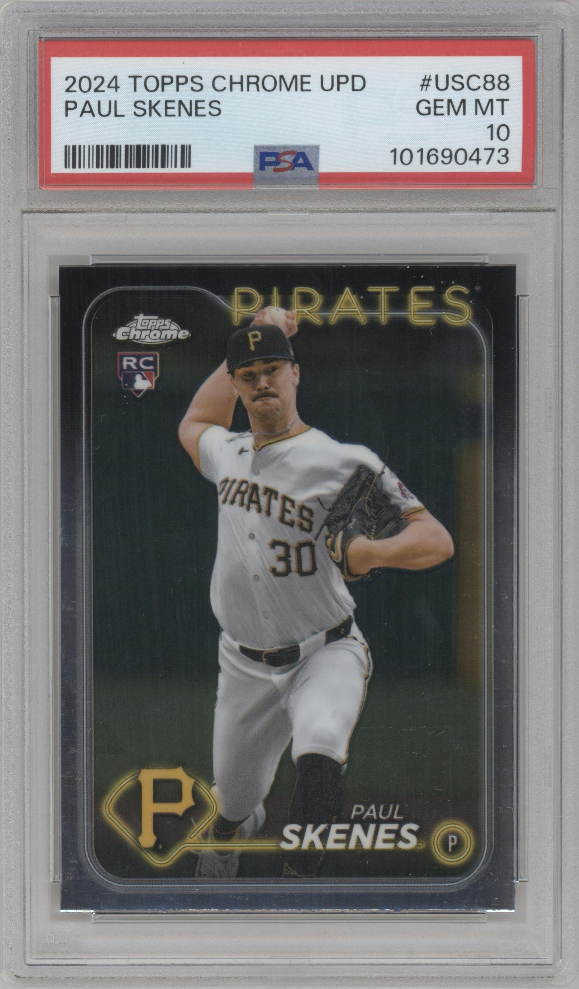 Paul Skenes from the 2024 Topps Chrome Update set graded by PSA and given an overall grade of 10.