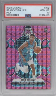 Brandon Miller from the 2023-24 Panini Mosaic set featuring a Pink Mosaic parallel graded by PSA and given an overall grade of 10.