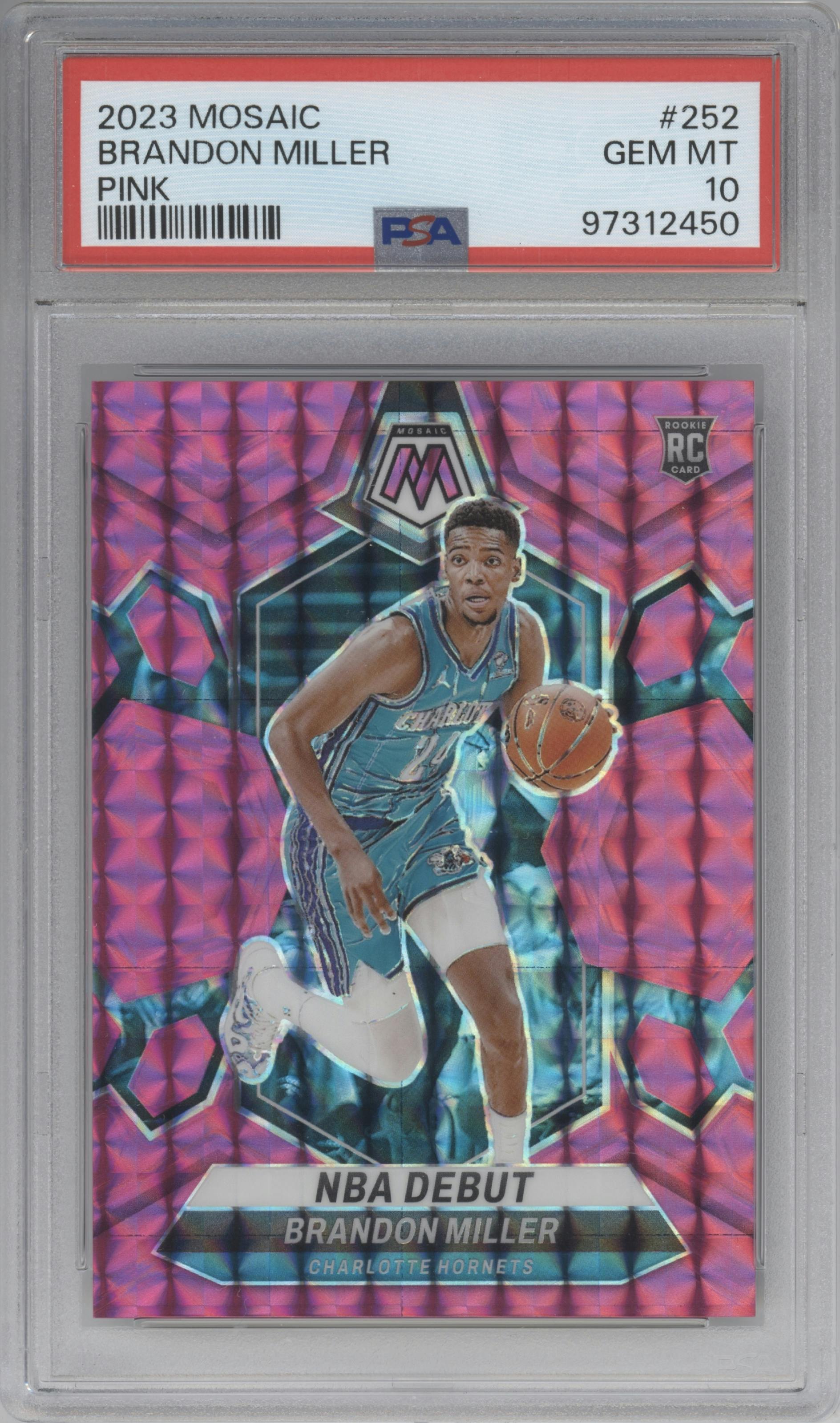 Brandon Miller from the 2023-24 Panini Mosaic set featuring a Pink Mosaic parallel graded by PSA and given an overall grade of 10.