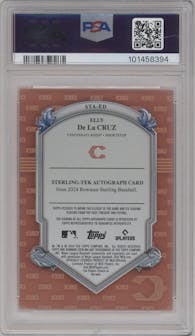 Elly De La Cruz from the 2024 Bowman Sterling set featuring a Rose Gold Refractor parallel graded by PSA and given an overall grade of 9.